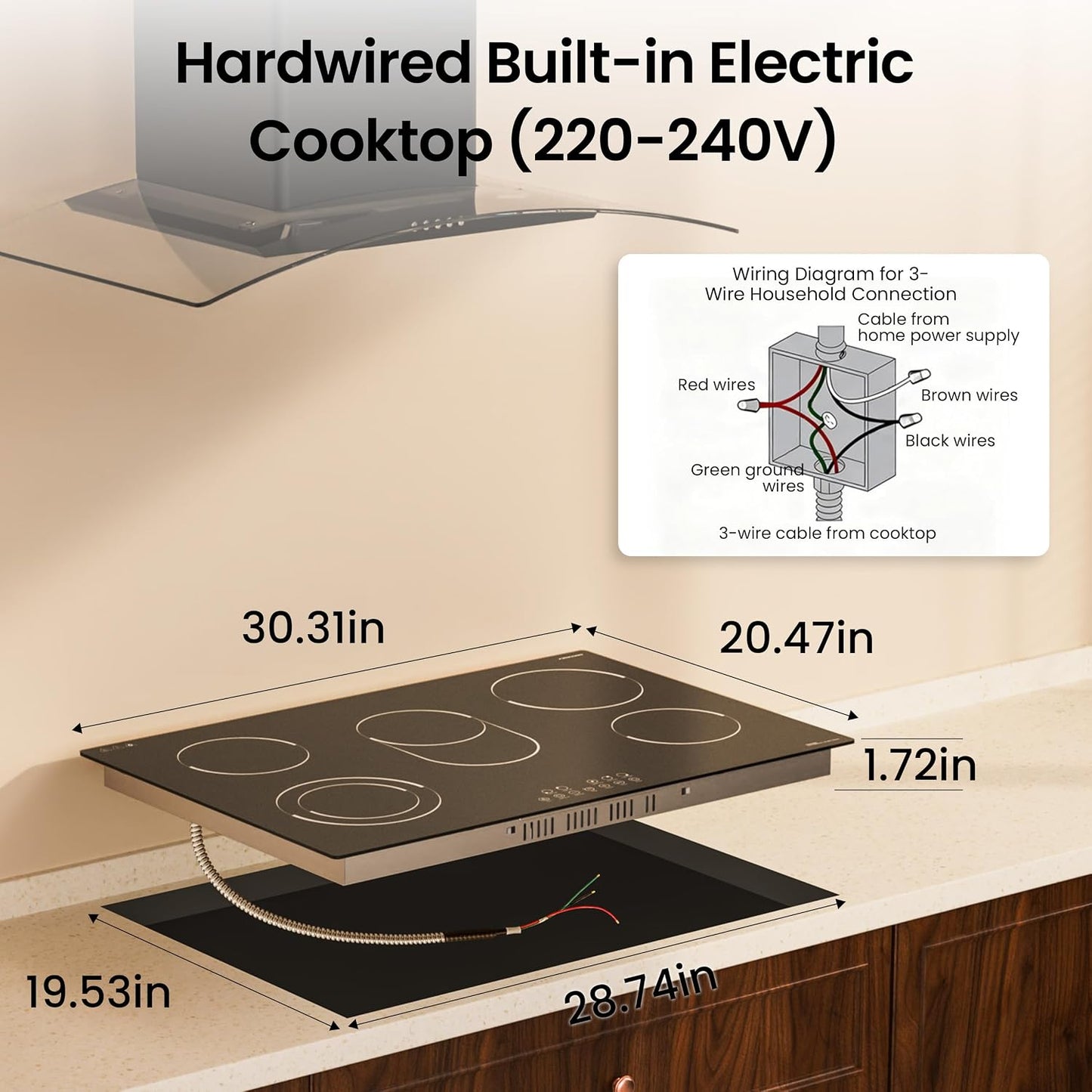 FIREGAS 30 Inch Electric Cooktop 5 Burners, Built-in Ceramic Stove Top with Matte Glass & Touch Control, 30" Radiant Electric Cooktop with Dual Ring & Oval Zone, Timer, Child Lock, 220-240V Hardwired