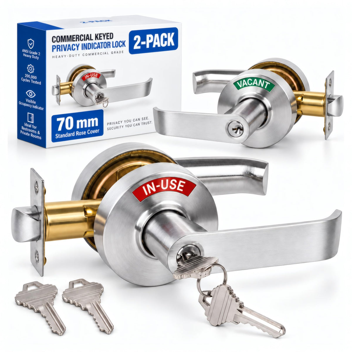 2 Kits Keyed Occupied Door Handle, Commercial Bathroom Door Handle, Vacant Occupied Bathroom Lock for Office, Hospital, Bars, Gyms Restroom (Medium 70mm with 3keys)