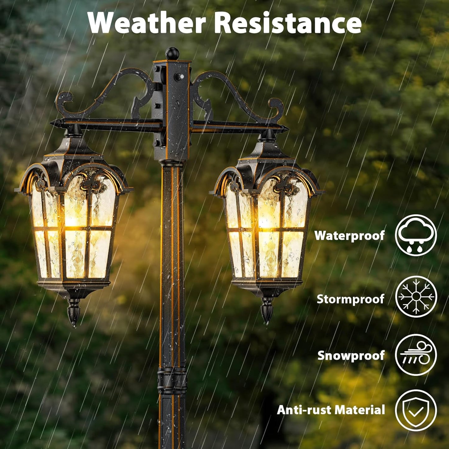 Outdoor Lamp Post Light with GFCI Outlet, Dusk to Dawn Black Outside Pole Lights, Double Head Exterior Street Lighting Fixture for Backyard Driveway