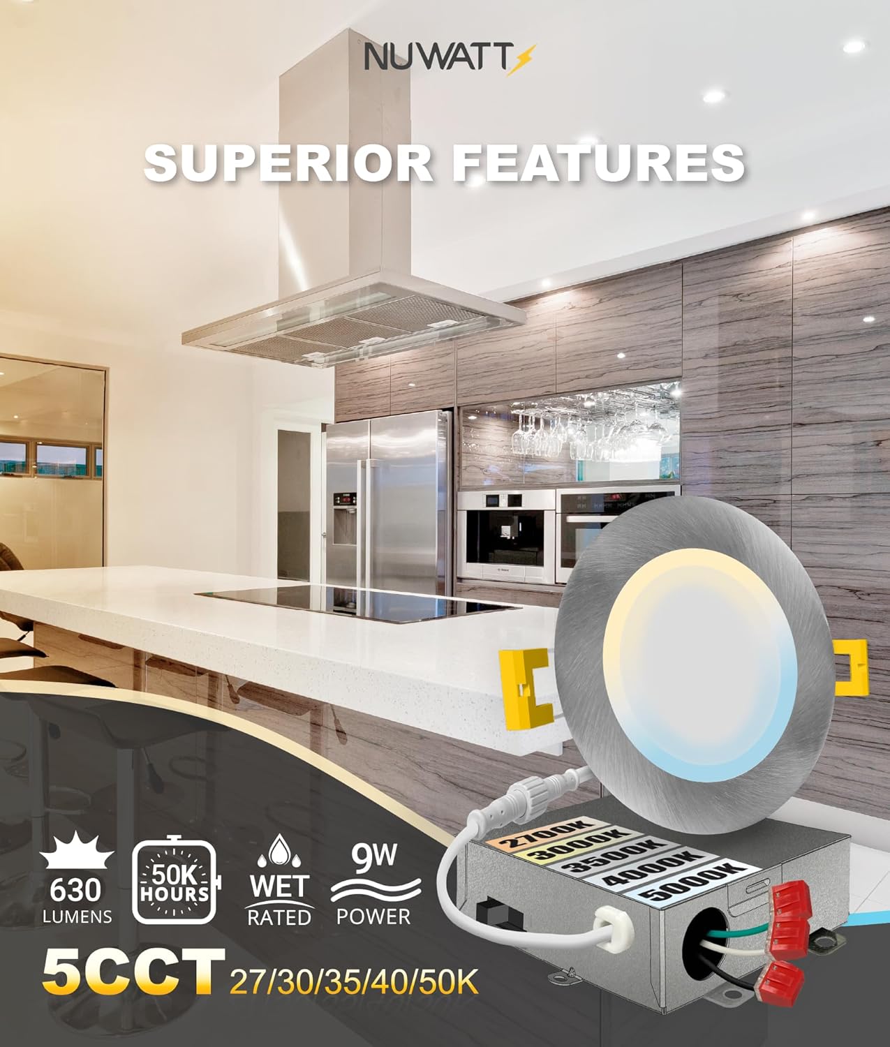 6 Pack, 4 Inch Ultra-Thin Recessed LED Lights Brushed Nickel, 5CCT 2700K/3000K/3500K/4000K/5000K Selectable, 630LM, 9W, IC Rated, Dimmable, Canless Downlight With Junction Box, Energy Star, ETL