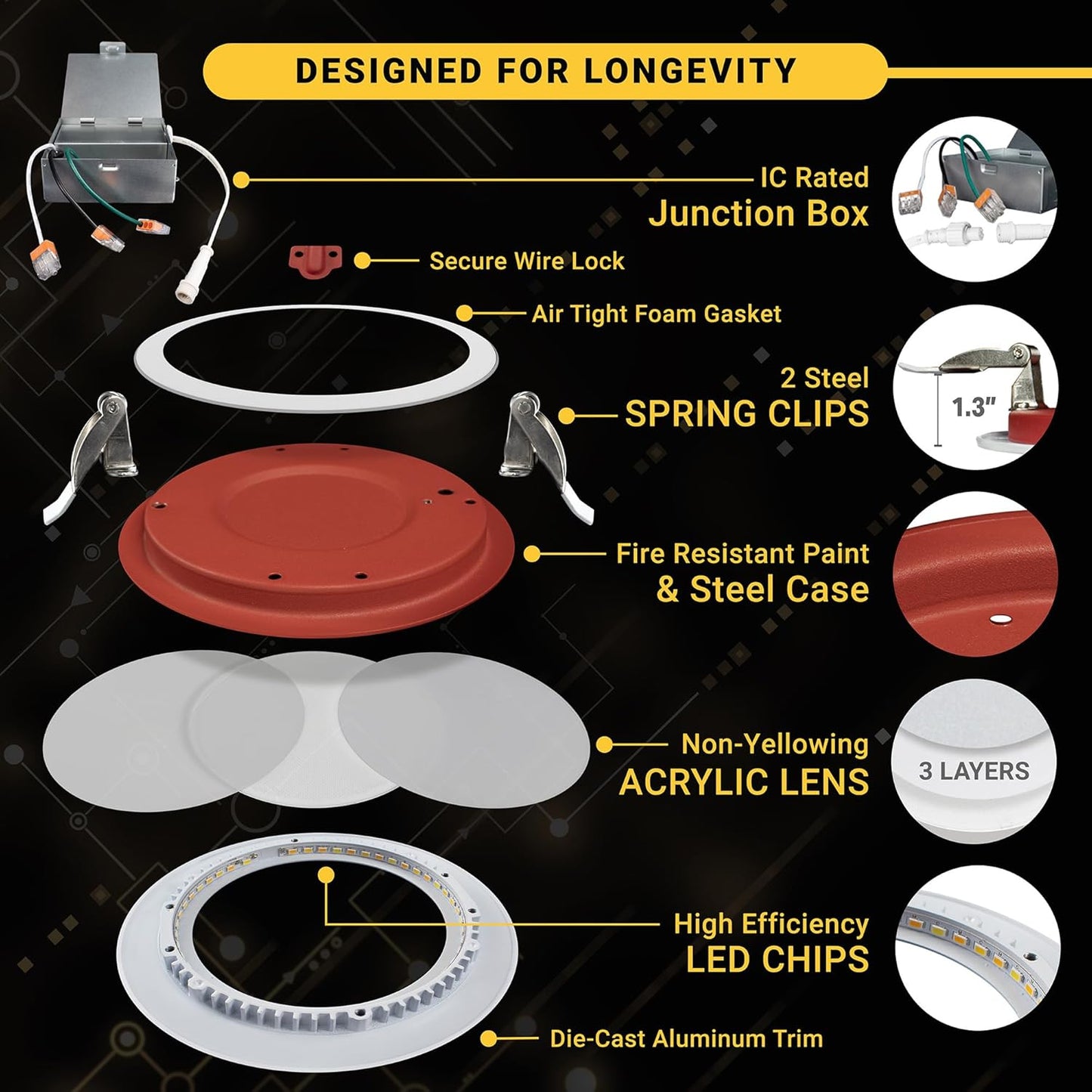 12 Pack, 6 Inch 2 Hour Fire Rated Ultra-Thin LED Baffle Trim Recessed Light, 2700K/3000K/3500K/4000K/5000K Selectable, Dimmable 1200LM, IC Rated, Wet