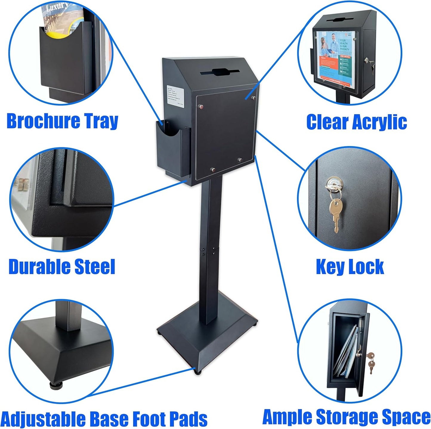 Suggestion Box with Stand, Floor Standing Metal Locking Ballot Collection Safe Box for Voting, Charity, Donation, Church, Election, Hospital Feedback, and Car Rental Key Return, Black