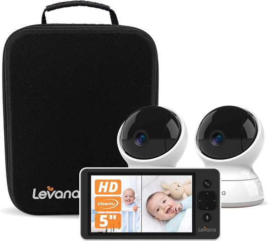 Video Baby Monitor No Wifi, 2 720P HD PTZ Cameras & 5 720P HD Monitor, 22 Hours Battery Life, Up to 1000ft. Range, Premium Carrying Case, Two Way