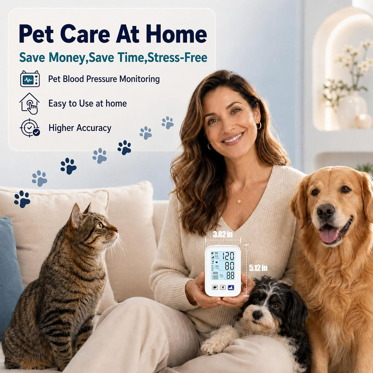 Dog & Cat Blood Pressure Monitor, Automatic Digital Pet BP Machine with Large LCD Backlight Display, 3 Size Adjustable Cuffs, 3×199 Data Memory