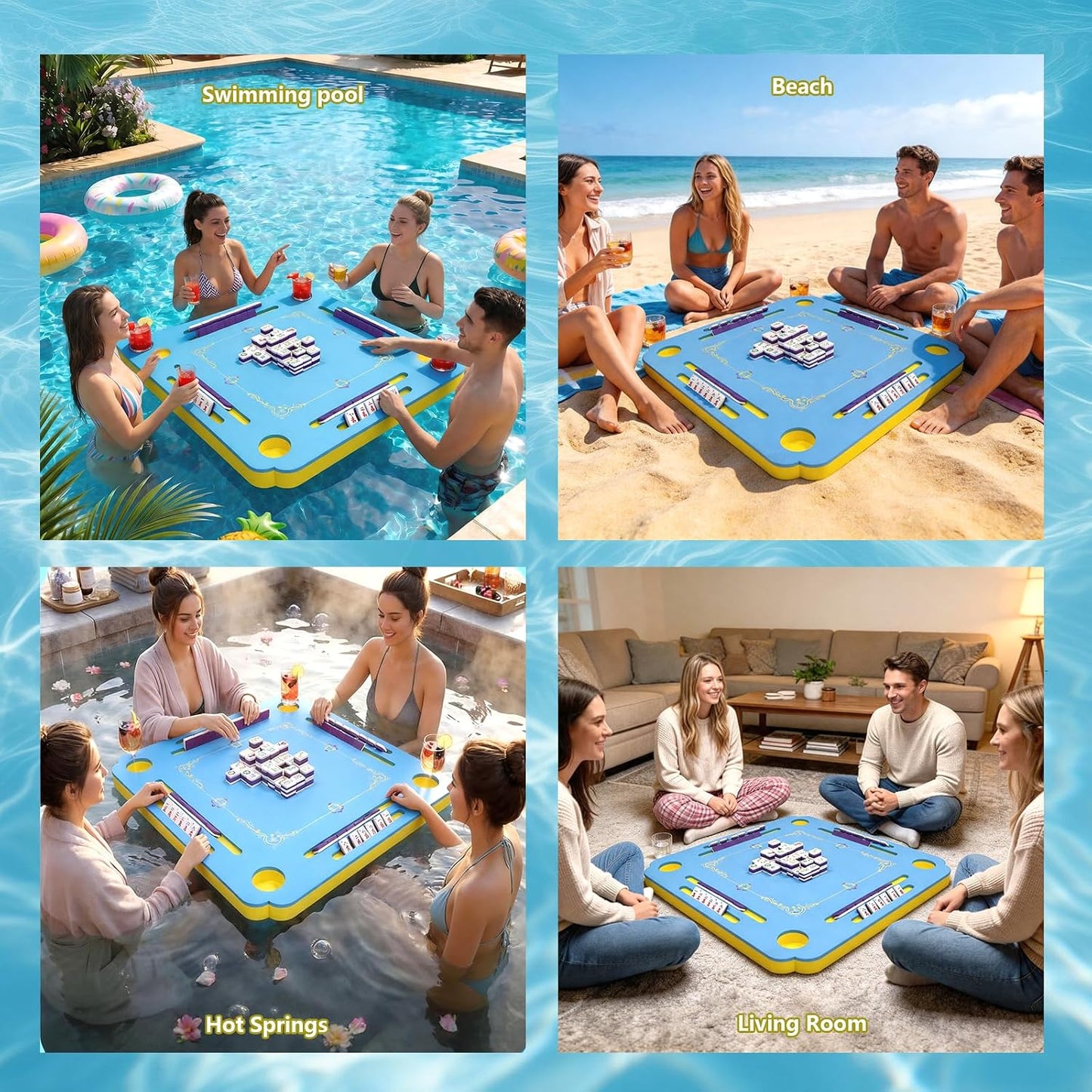 32 x 32 Inch Floating Mahjong Table for Pool, Premium EVA Mat with Tile Grooves & Cup Holders, Floating Mahjong Set, Multi-Game Pool Float Table for Summer Pool Party