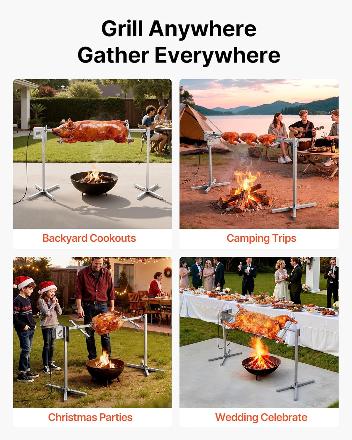 VEVOR Rotisserie Grill, N52" Electric Rotisserie Grill Kit | Stainless Steel BBQ Outdoor Pig Lamb Roaster, Automatic Rotation Grilling Kits Height Adjustable, Camping Backyard Party