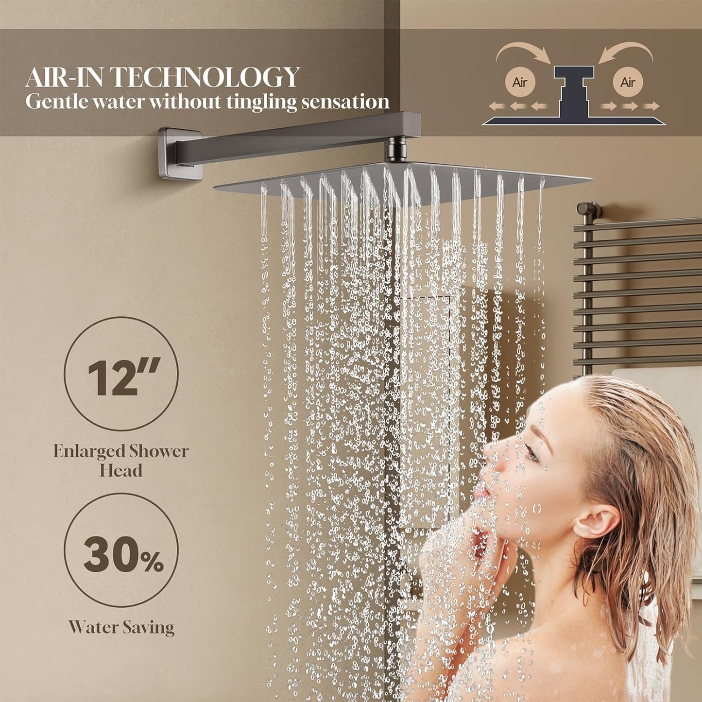 CASAINC 3 Way Thermostatic Shower System with Rough-in Valve, Wall Mounted Luxury 12' Rainfall Shower Set with 6 Body Jets & Handheld Spray (Brushed