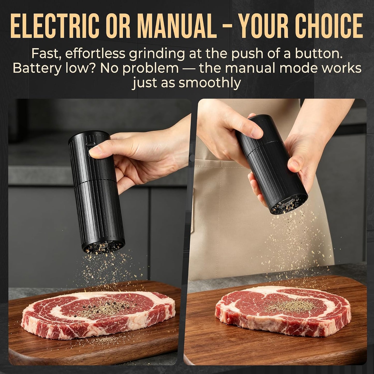 2-in-1 Electric & Manual Pepper Grinder, Professional Grade Heavy-Duty | Pepper Grinder Mill, Aluminum, High Output, Adjustable Coarseness, Refillable, Magnetic Bottom Cover, Stainless Steel Blade