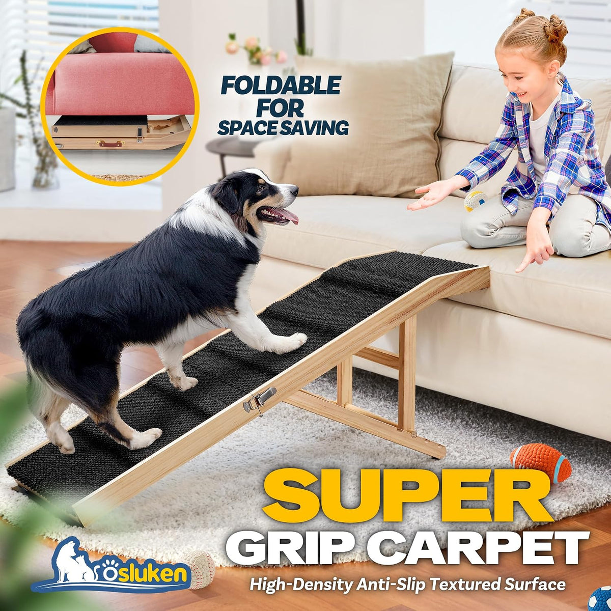 49" Long Dog Ramp for Couch & Low Height Bed, Foldable Pet Ramp for Small Large Dogs, High Traction with Platform Adjustable Heights 18" to 21.5" Up to 220LBS
