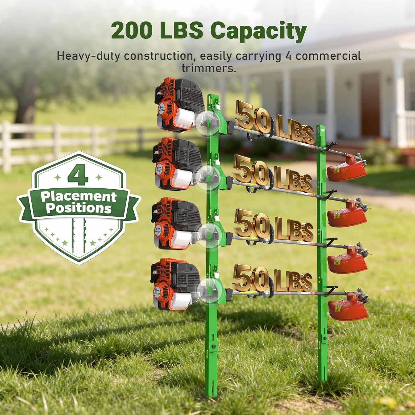 4-Position Weed Eater Racks for Trailer Green Commercial Trimmer Rack with Independent Locks for Open Trailer Work Weedeater Organization Storage Rack Holder