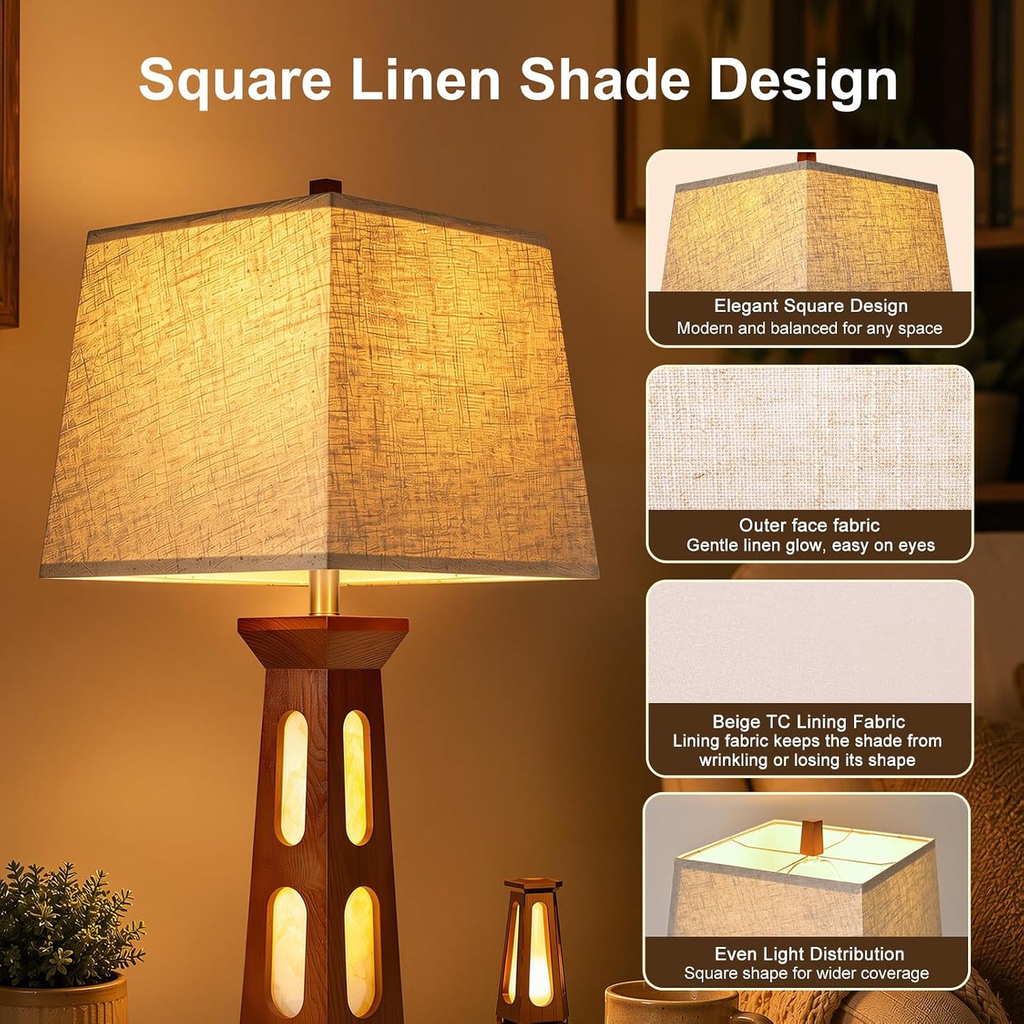 Scenekoy 28" Wooden Traditional Table Lamps Set of 2 for Living Room Office | Night Light, Square Linen Shade, USB C+A Charging Ports, LED Bulb Included, Bedside Lamp, Bedroom Table Lamp, Nightstand