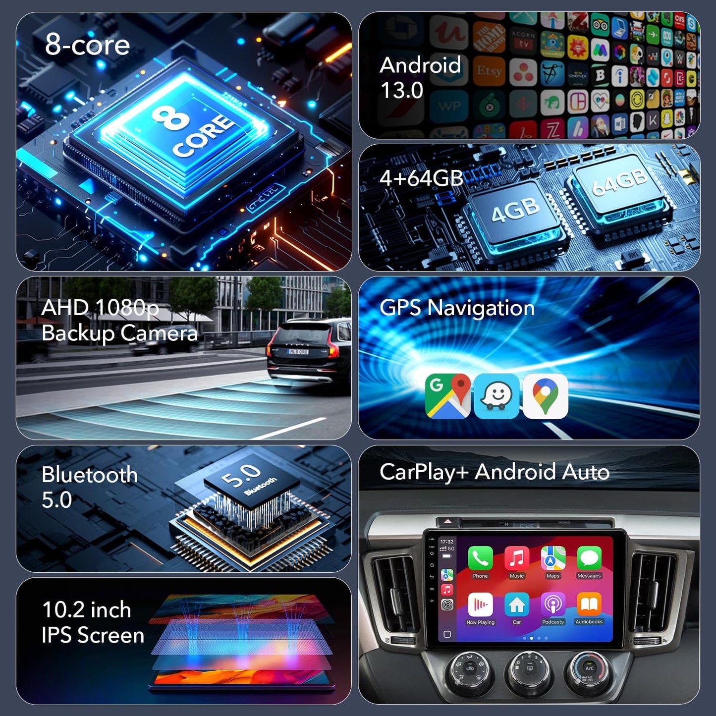 8Core 4+64GB Android 13 Car Radio Stereo for Toyota RAV4 2013-2018, Plug and Play 10.2" Head Unit with Carplay/Android Auto/1080P Backup Camera/AM & FM Radio 10.2''