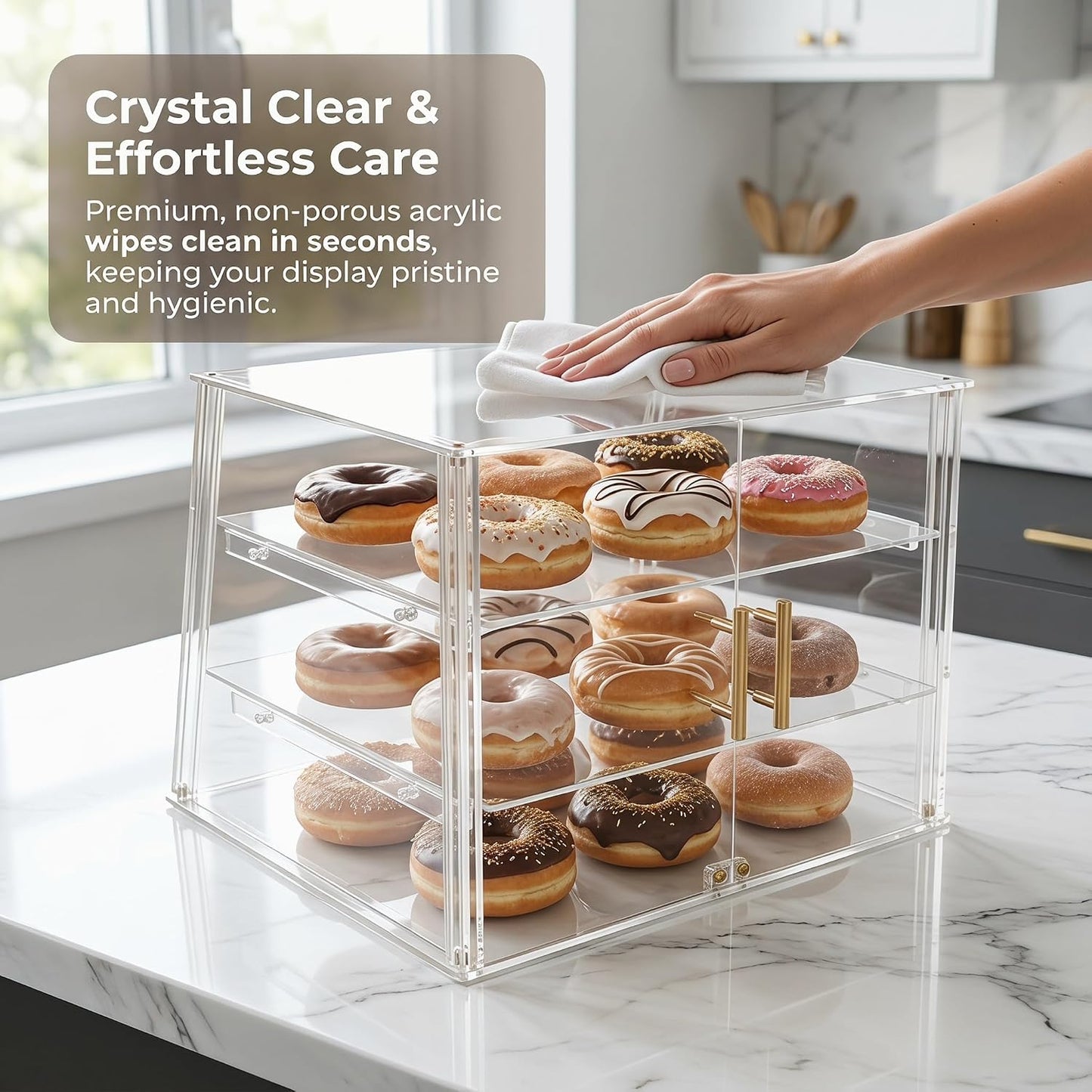 3-Tier Commercial Bakery Display Case with Removable Trays, 18.9" L x 17.8" W x 14.17" H Countertop Pastry Showcase, Clear Acrylic PETG Dessert Cabinet with Magnetic Doors for Donuts Cakes Cookies