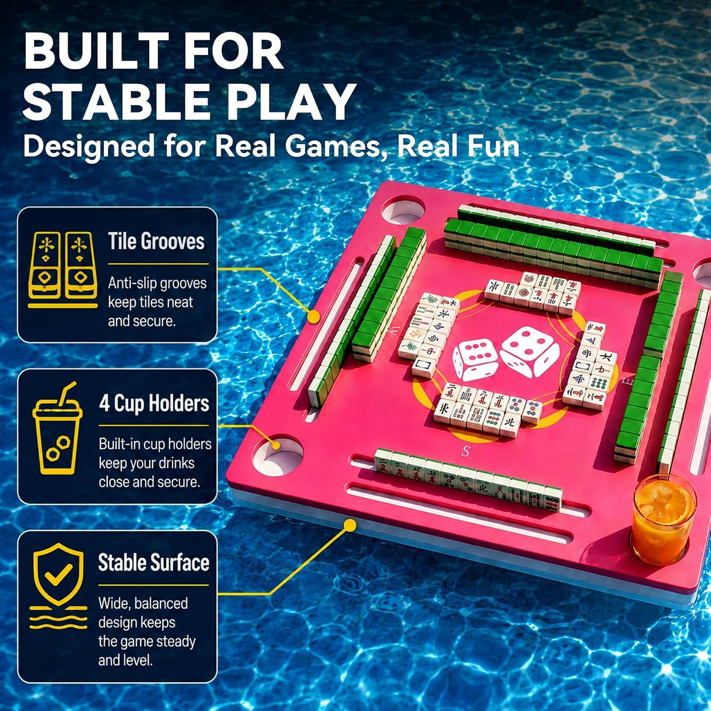 Double-Sided Floating Mahjong Table for Pool, Beach, Camping, Hot Tub, Party, Indoors
