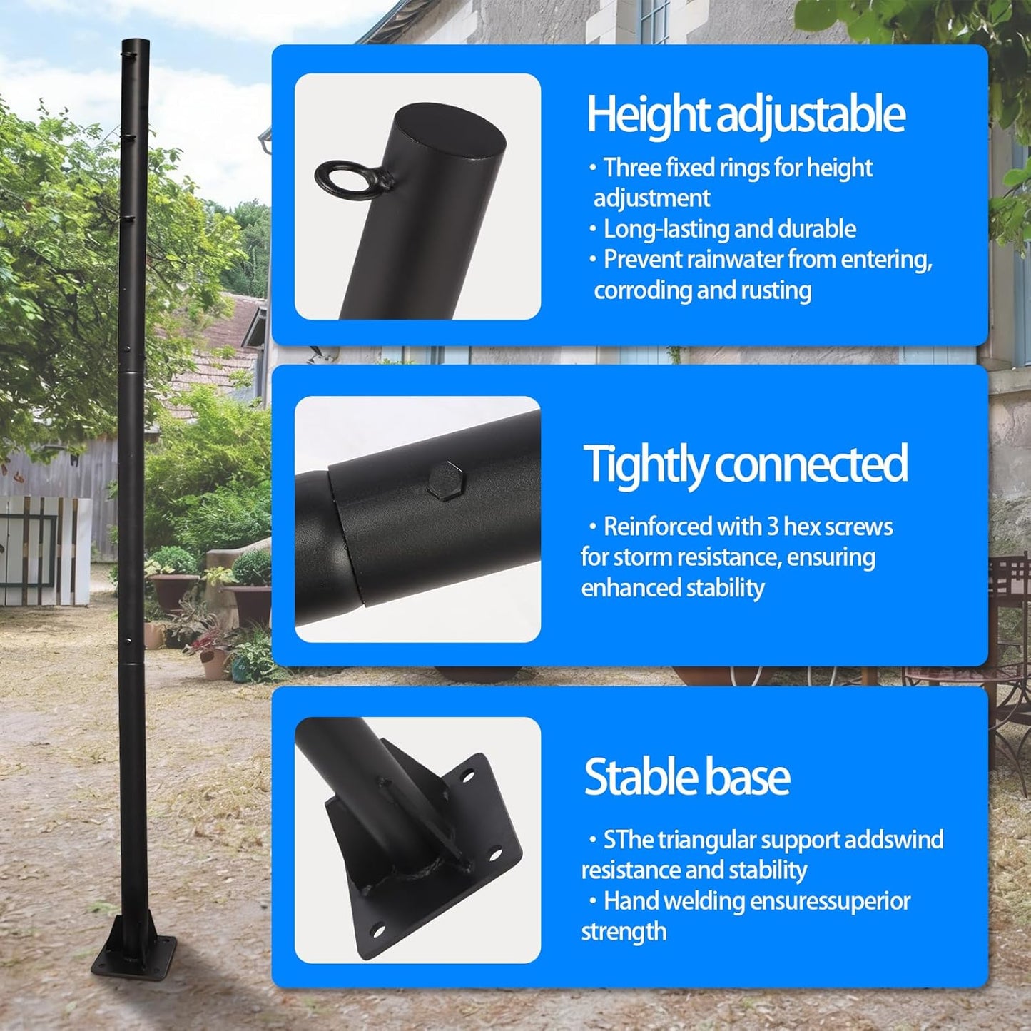 Shade Sail Poles, 11Ft Sun Shade Sail Poles Support Awning Canopy, Outdoor String Light Pole Post Heavy Duty Steel Post Suitable for Garden/Yard/Pool/Patio(Heavy Duty 2.4" Black 1x11Ft Pole)