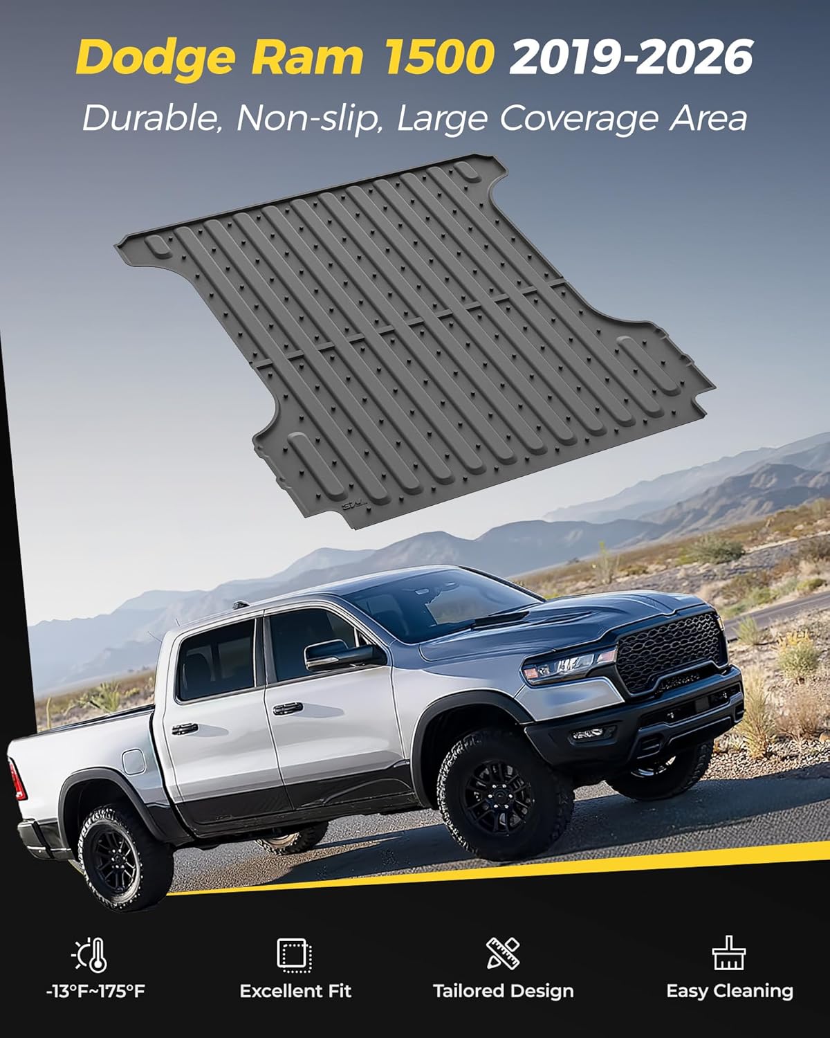 3W Truck Bed Mat for Dodge Ram 1500/1500 RHO 2019-2026 & Ram 1500 Classic 2019-2024 Short Bed (5.7 FT / 67.4inches) All Weather Protection TPE Heavy Duty Cargo Bed Liner (Not for Rambox) 2019-2026 Dodge Ram 1500 Bed Mat(5.7FT)