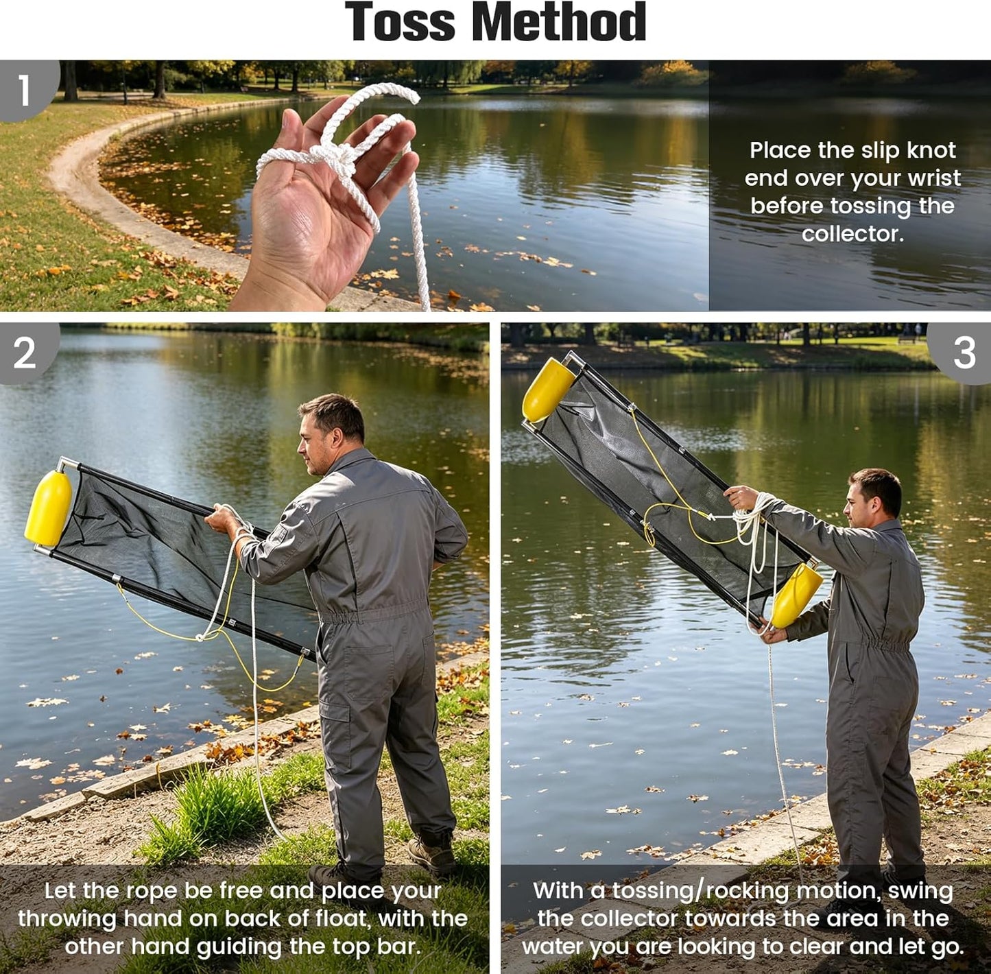 55" Wide Floating Debris Collector for Lakes & Ponds, Extremely Durable Net, Circular Aluminum Tube Design, Multi-Layer Overlock Fabric, 30FT Rope.