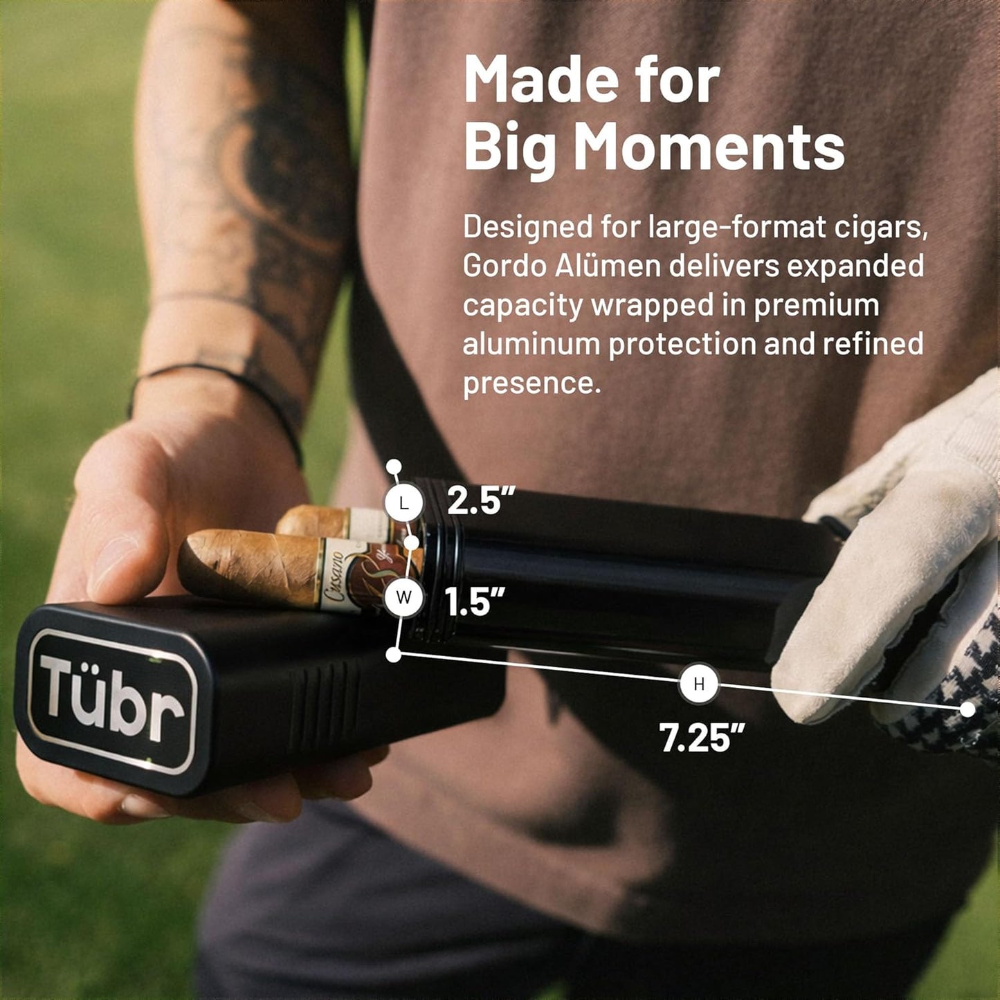 TUBR Gordo Anodized Premium Cigar Case - Airtight, Waterproof, Crush-Resistant Cigar Holder for 2 - Portable, Odor Proof, Aircraft-Grade Container, Carrying Storage Unit for Travel, Business (Raven)