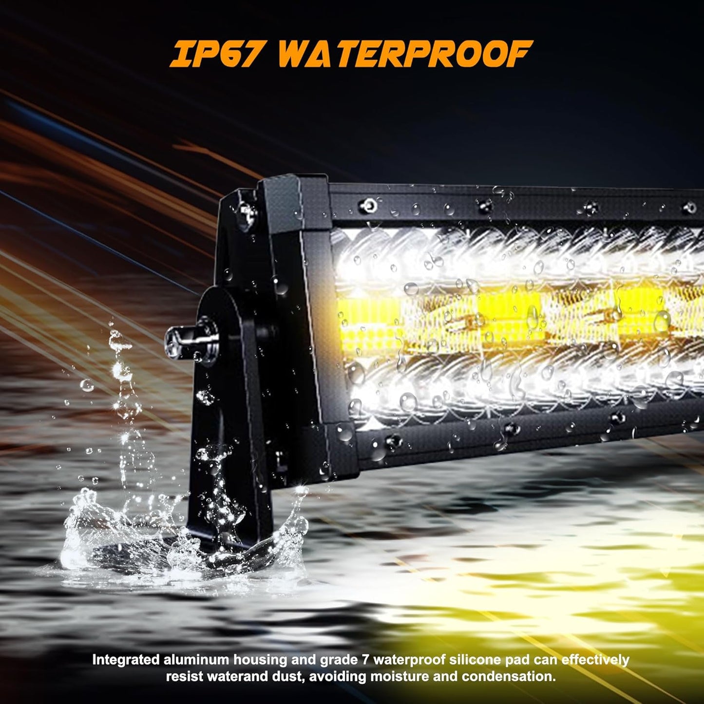 ASLONG 52 Inch 300W LED Light Bar White/Amber Flasing Strobe with Six Modes Spot Flood Offroad Driving Light with Upper Windshield Mounting Brackets