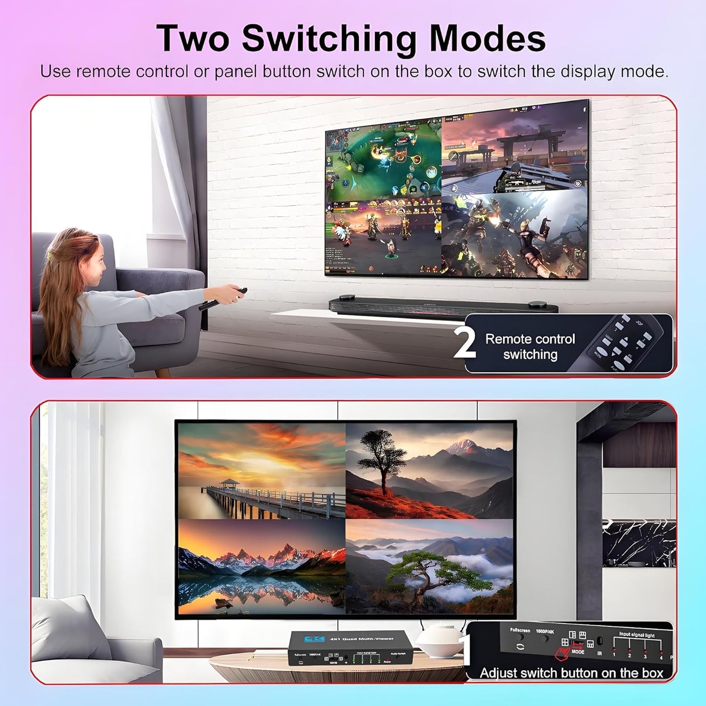 HDMI Multi-Viewer 4X1, Seamless Switcher 4 in 1 Out, Quad Multi Viewer Switcher with IR Remote, Supports 4K 30Hz, 1080P@60Hz, 5 Display Modes Multiviewer Switch for Security Camera, Gaming Consoles