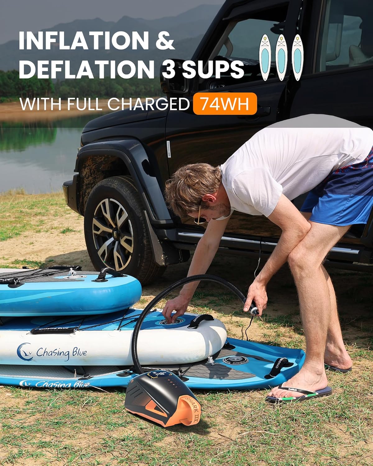 OutdoorMaster Shark 3 20PSI 74Wh Rechargeable Sup Air Pump Electric - 5MIN FAST INFLATION - Auto-Off & Deflation,12V DC & Type-C Input, for