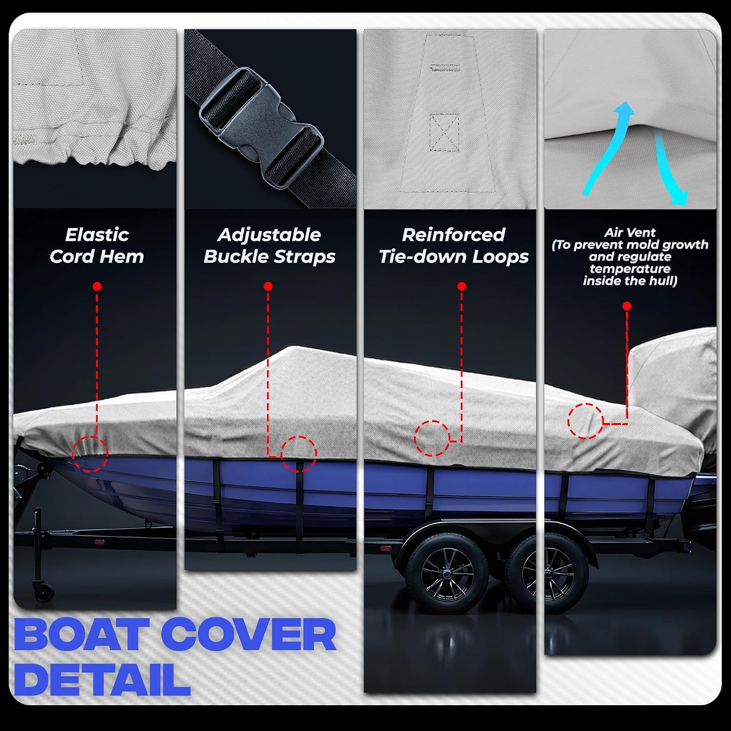 FOCEAN Boat Covers 16-18ft 1200D Waterproof Heavy Duty Marine Tarp Gray Cover, Fits Bass, V-Hull, Tri-Hull, Runabout & Fish Ski Boats with Storage Bag