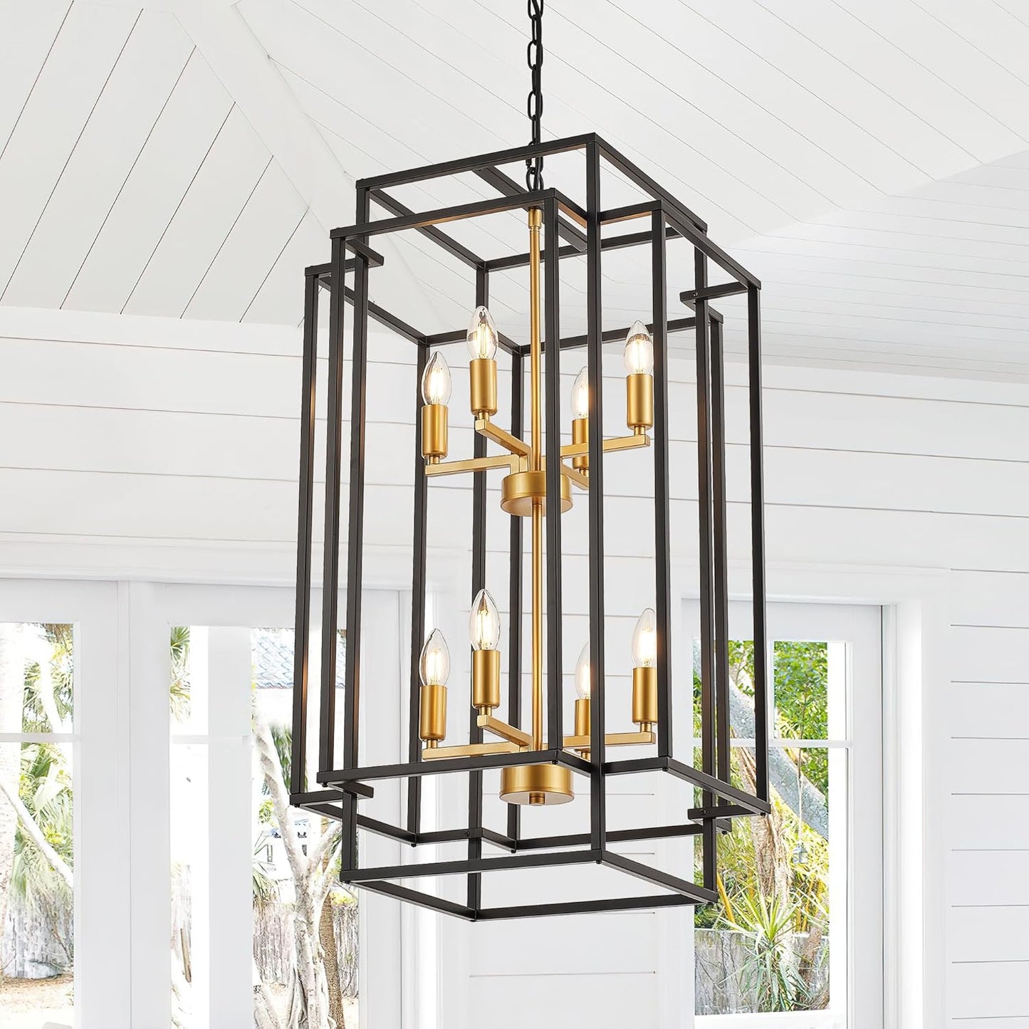 8-Light Lantern Tiered Pendant Light Fixtures, Black Metal Farmhouse Chandelier Hall Foyer Hanging Chandelier for Kitchen Island Dining Room Living