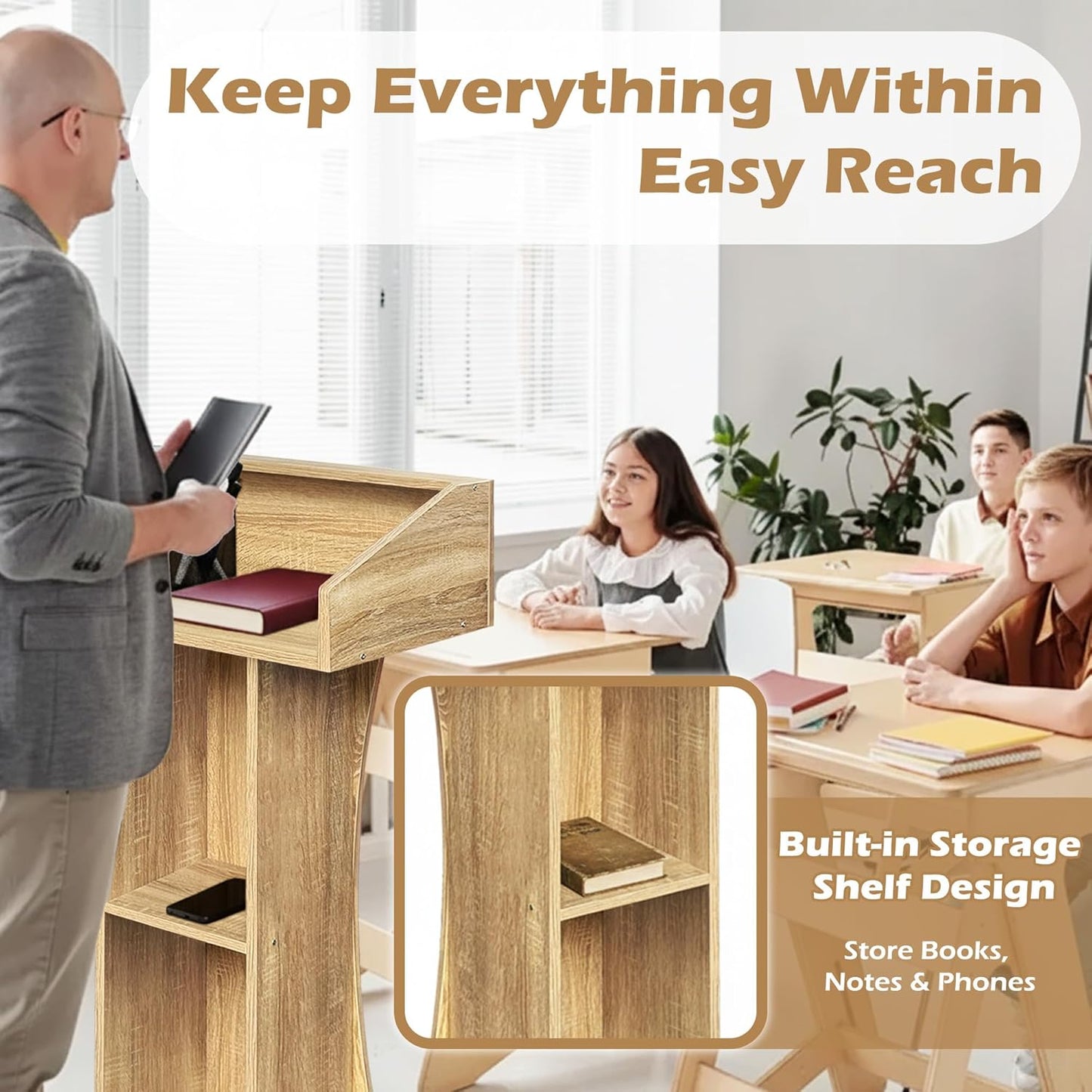 Podium Stand with Lockable Wheels,47"H Wooden Podium for Classroom, Mobile Pulpit Lectern with 3 Storage Shelves for Church, Office,Conference Room (White Oak)