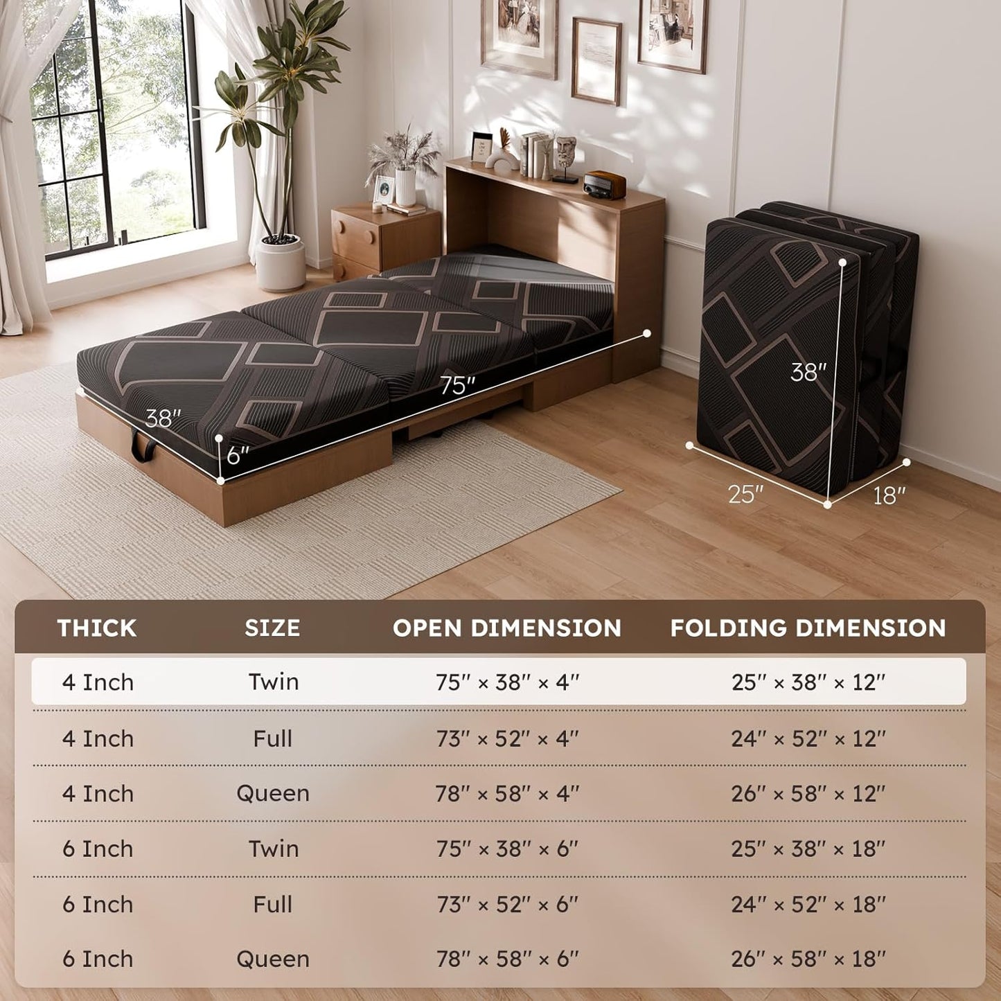 Trifold Mattress Twin Size - 5 Inch Foldable Memory Foam Mattress, Washable Cover and Non-Slip Design, Portable Folding Floor Guest Bed Camping RV Travel Pad, Easy to Store, 75" x 37" x 5"