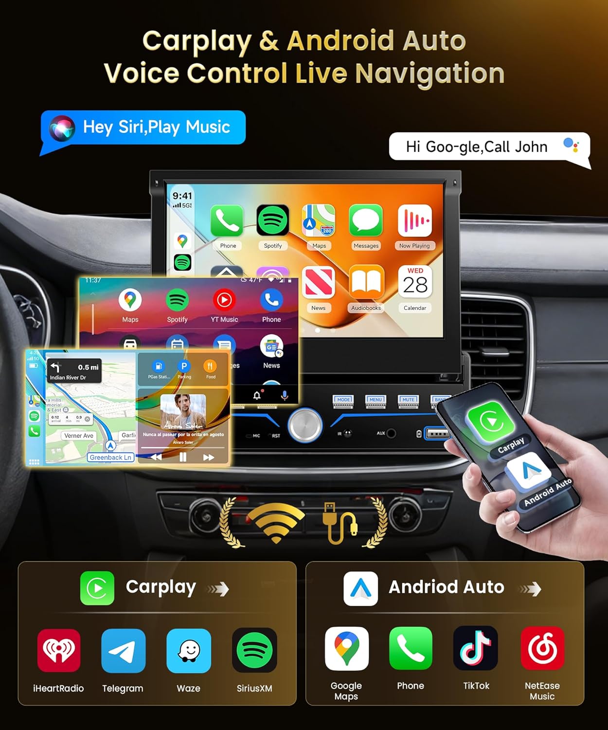 7'' Single Din Car Stereo with Piano Keys,Wireless CarPlay Android Auto,HD IPS Manual Telescopic Touchscreen Radio with Bluetooth,FM Radio Receiver Support USB/Type-C,Mirror Link,Backup Camera