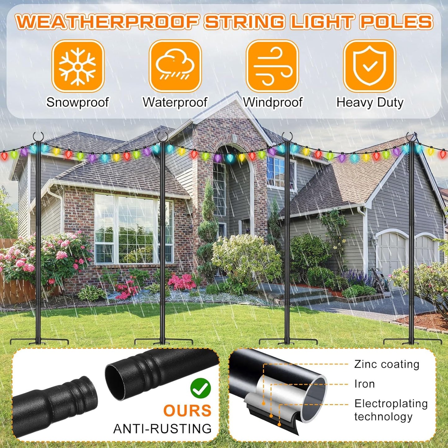 6 Set String Light Poles with Hooks, 9ft Metal Light Pole, Outdoor 2 in 1 Light Poles with Fork