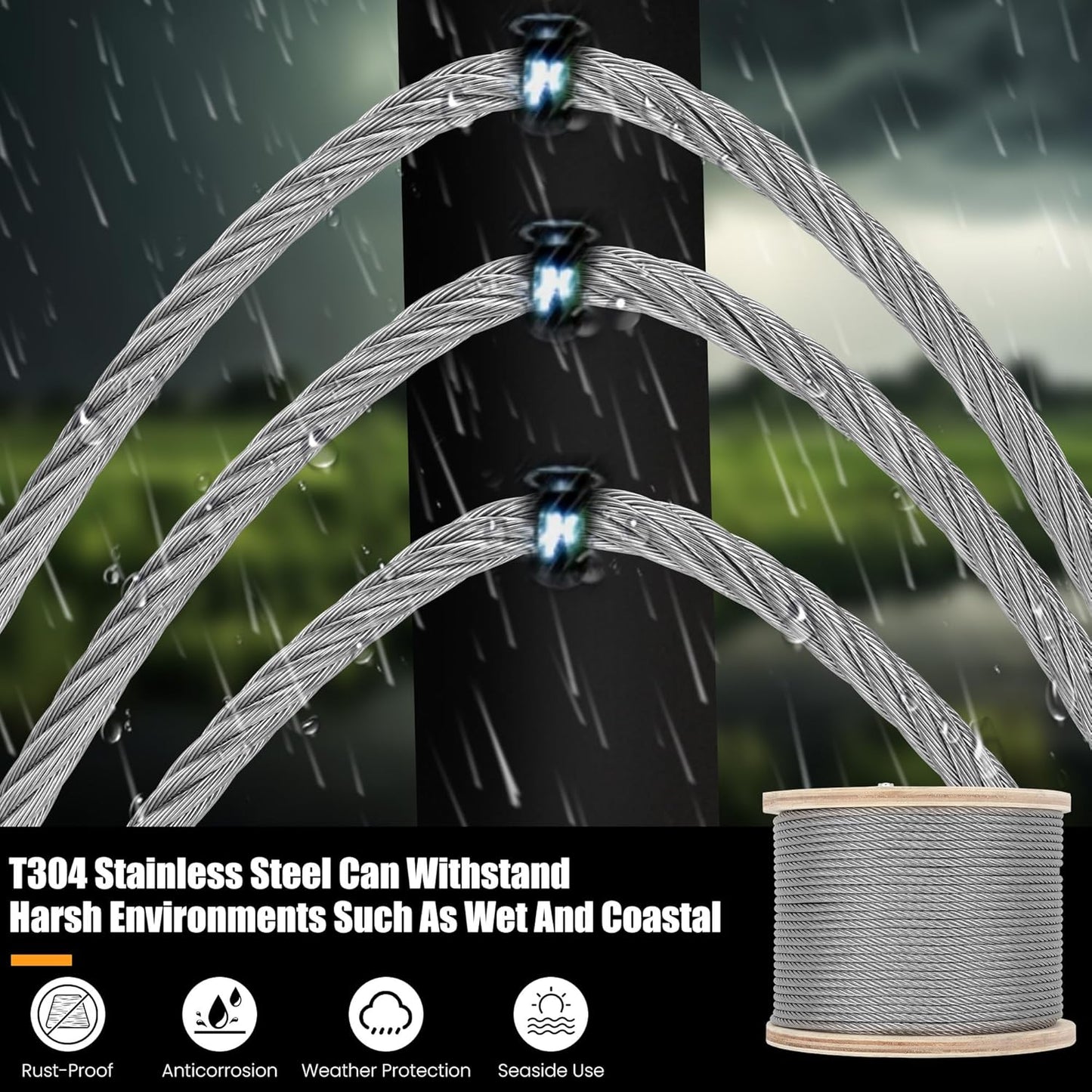 3/16&#34; Stainless Steel Cable, 500ft Wire Rope, 7X19 Strands Aircraft Cable, 3700lbs Breaking Strength, Heavy Duty Applications Zip Line, Cable