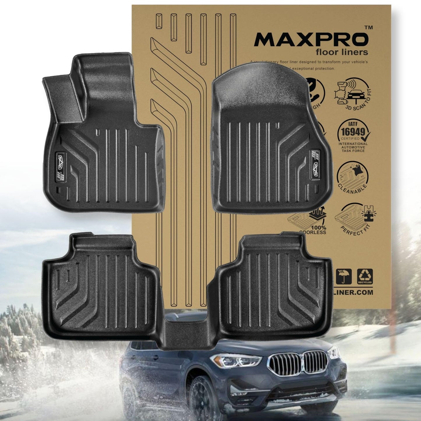Premium MAXPRO Floor Mats for 2019-2023 BMW X1 1st&2nd Row Complete Set All Weather Mat Waterproof TPE Floor Liners Custom Fit Automotive Floor Mats BMW X1 Accessories Car Mats Full Set SUV Protection Floor Liner 1st and 2nd Row