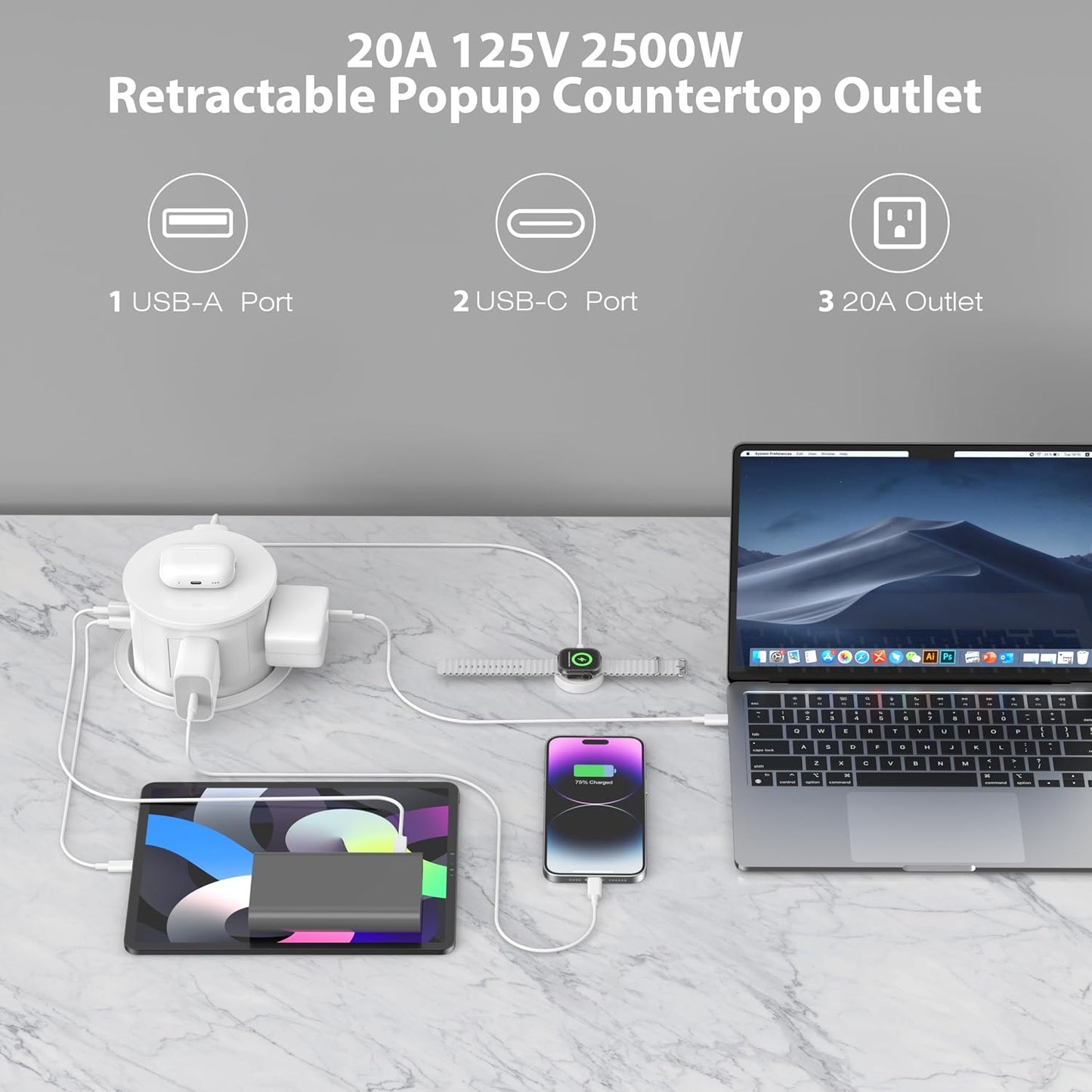 ANNQUAN 20 Amp Pop Up Countertop Outlet with 15W Wireless Charger,Max 65W Power Delivery,4.75" Pop Up Electrical Outlet with 3 Outlets 3 USB Ports for Home Office White 20 Amp(Standard)