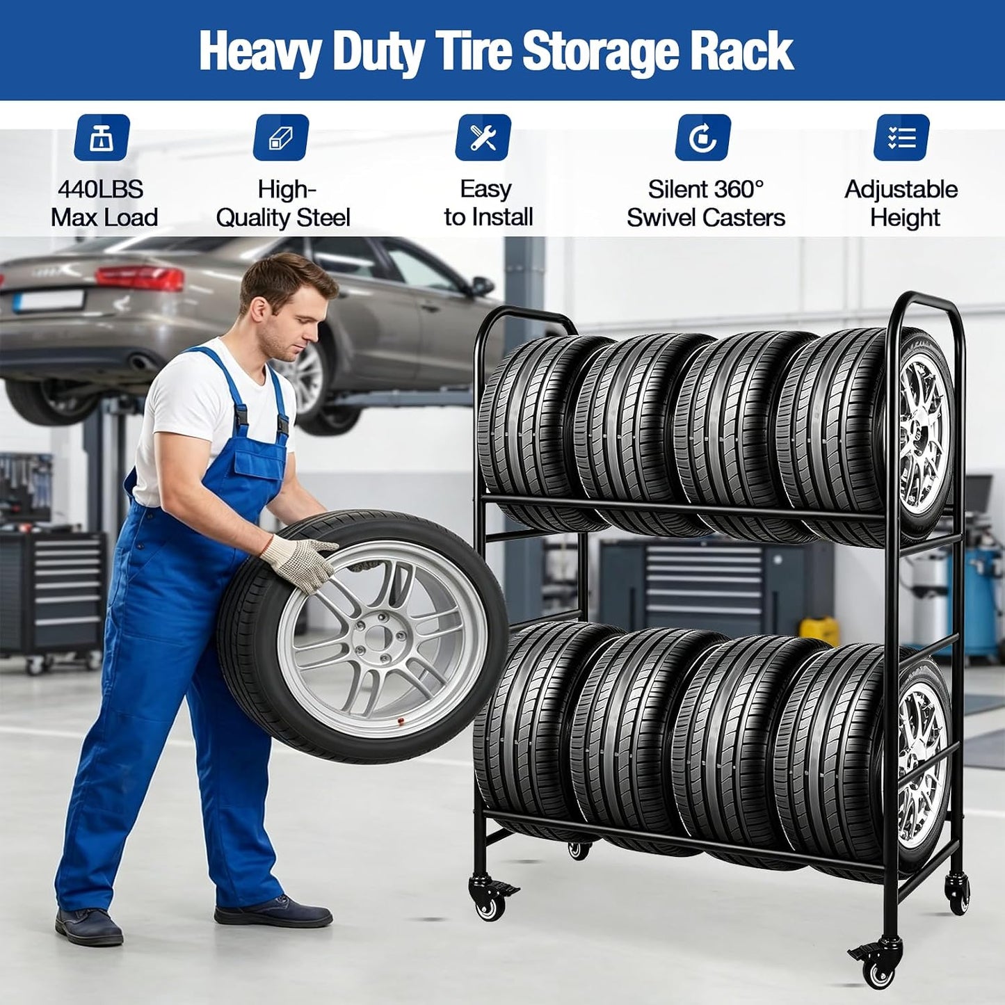 Tire Rack, 56x44x20in Adjustable Tire Storage Rack with 4 Swivel Casters, 200KG/440LBS Weight Capacity Rolling Tire Stand, Heavy Duty Tire Storage Organizer for Garage, Home, Shop