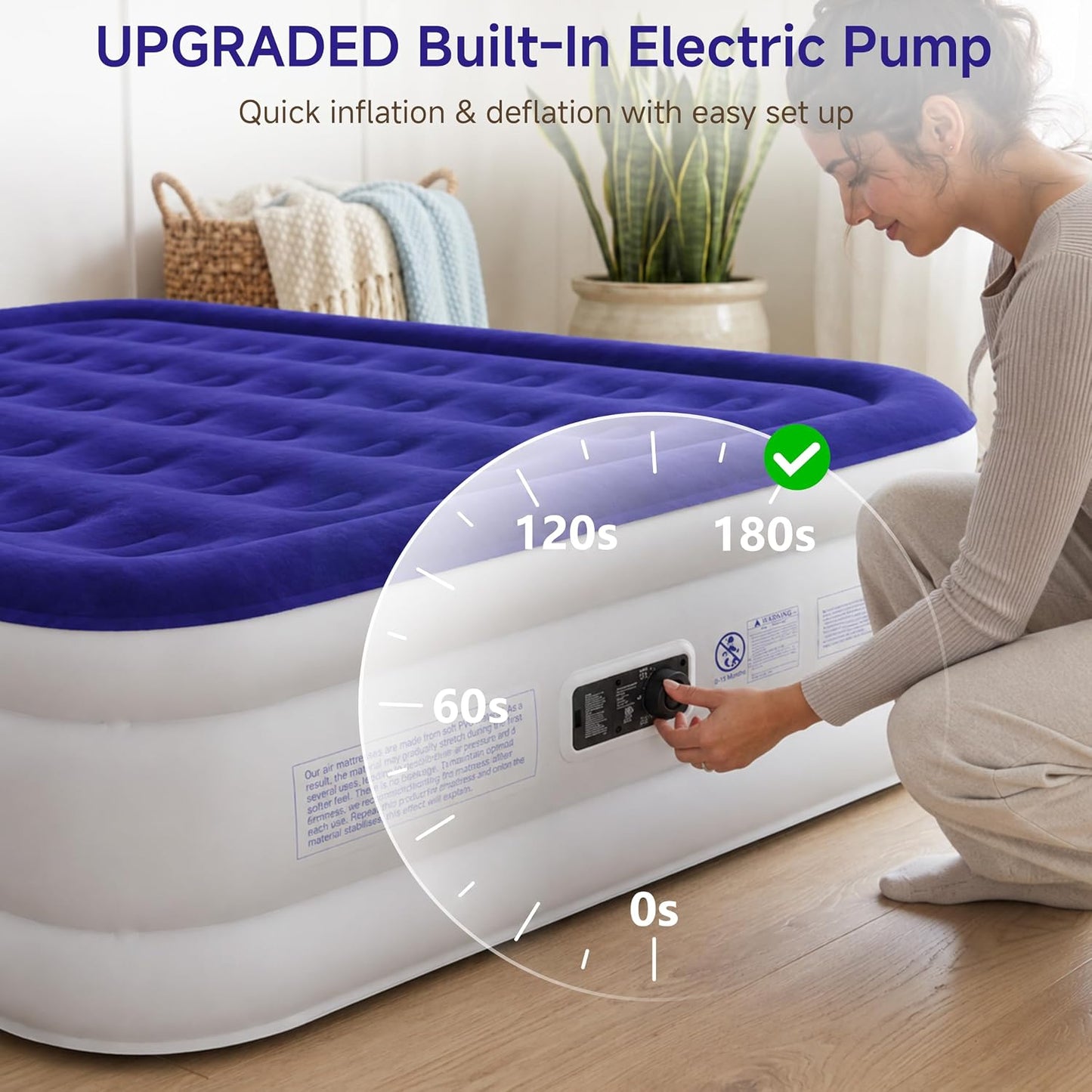 Sebor Air Mattress Queen with Built-in Pump 18",Self-Inflating Blow up Mattress with High-Speed Pump, Durable Twin Size Air Mattress with Storage Bag for Guests,Camping,Travel Blue