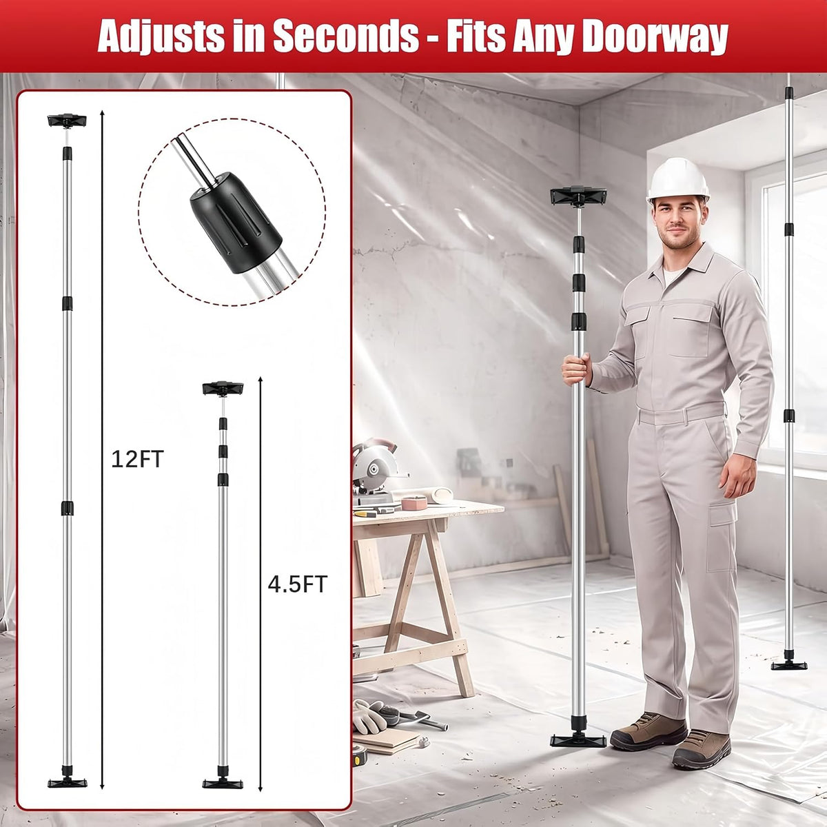 12FT Spring Dust Barrier Poles Kit, Retractable Zip Wall Pole Kit