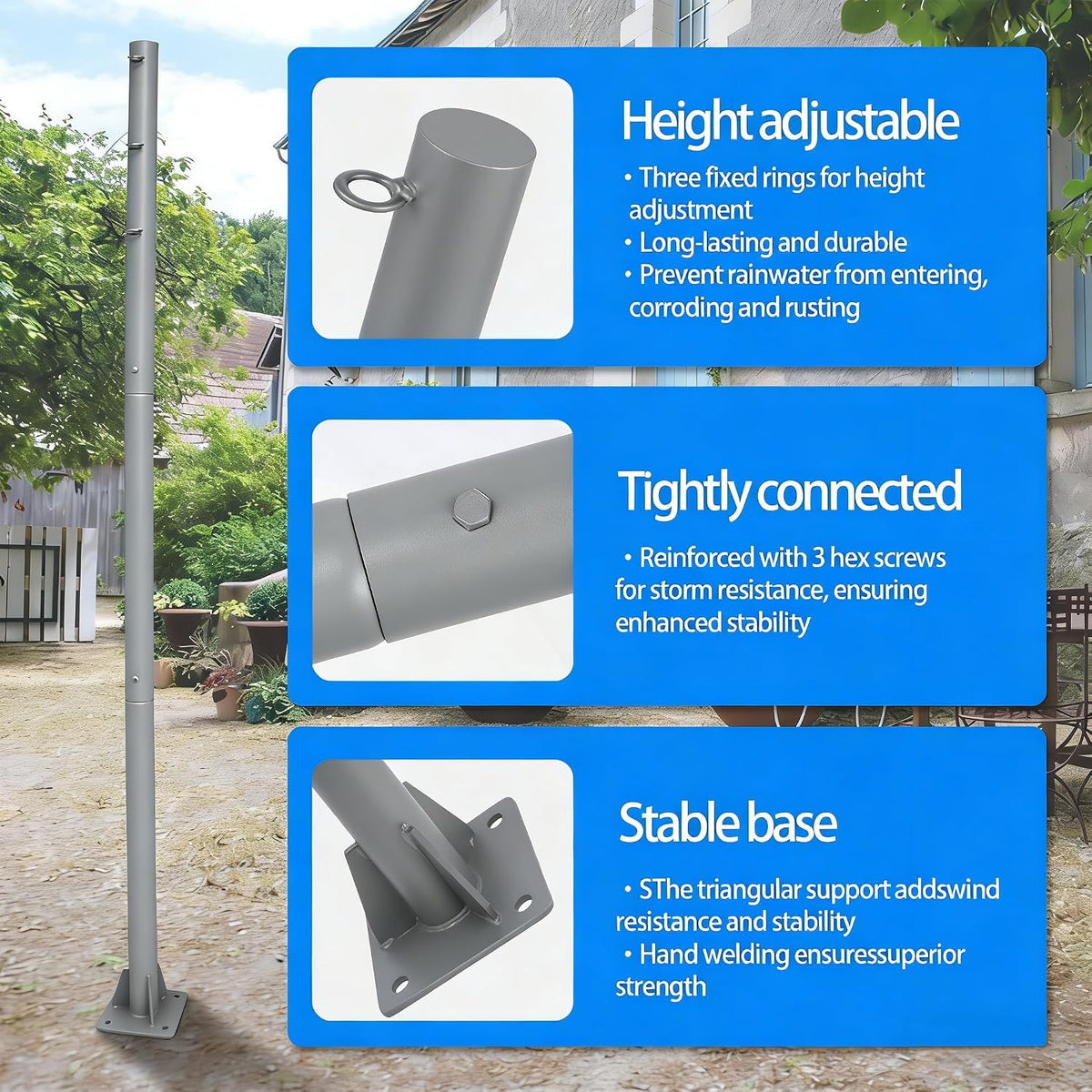 Shade Sail Poles kit, 11Ft Sun Shade Sail Poles Support Awning Canopy, Outdoor String Light Pole Post Heavy Duty Steel Post Suitable for Garden/Yard/Pool/Patio(Heavy Duty 2.4" Gray 1x11Ft Pole)