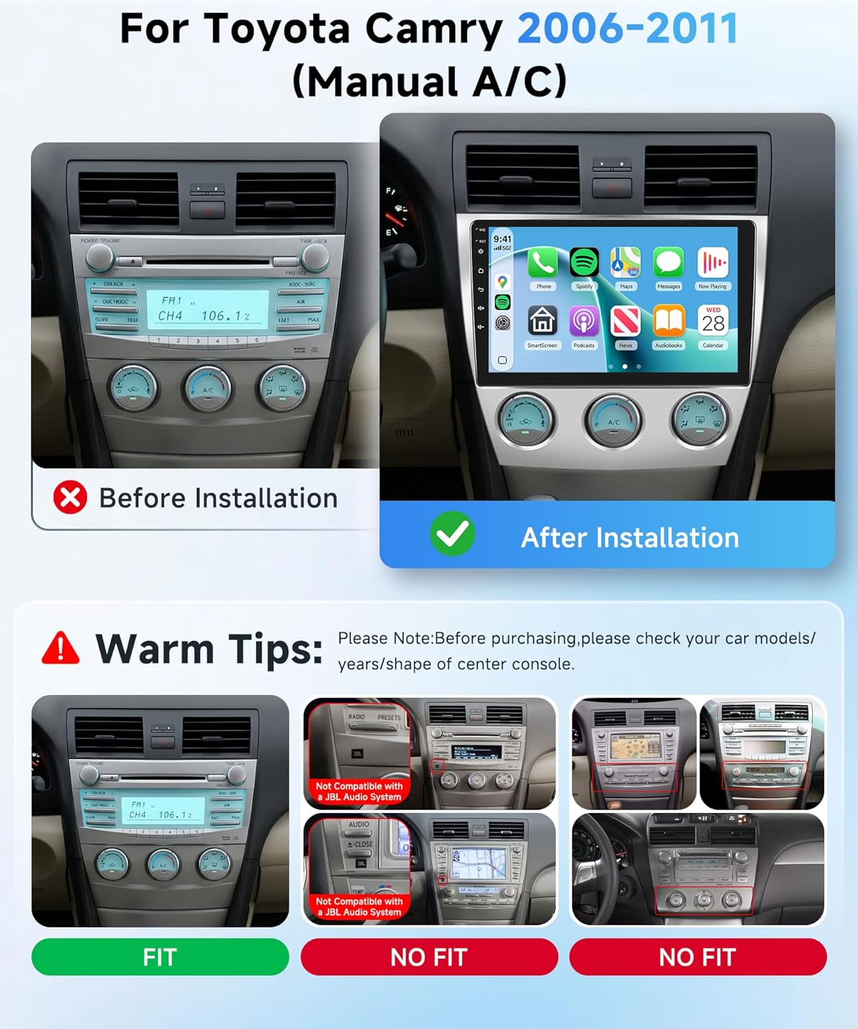 4G+64G Car Radio Stereo for Toyota Camry 2006-2011(Manual A/C) 10.1inch IPS Touch Screen/Android 15/Wireless CarPlay/Android Auto/DSP 32 EQ/GPS/WiFi/5.0Bluetooth/FM/RDS/SWC/AHD Backup Camera