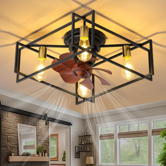 OSGNER Low Profile Ceiling Fans with Lights, Black Caged Ceiling Fan with Lights Remote Control, Square Bladeless Ceiling Fan with Light, Flush Mount