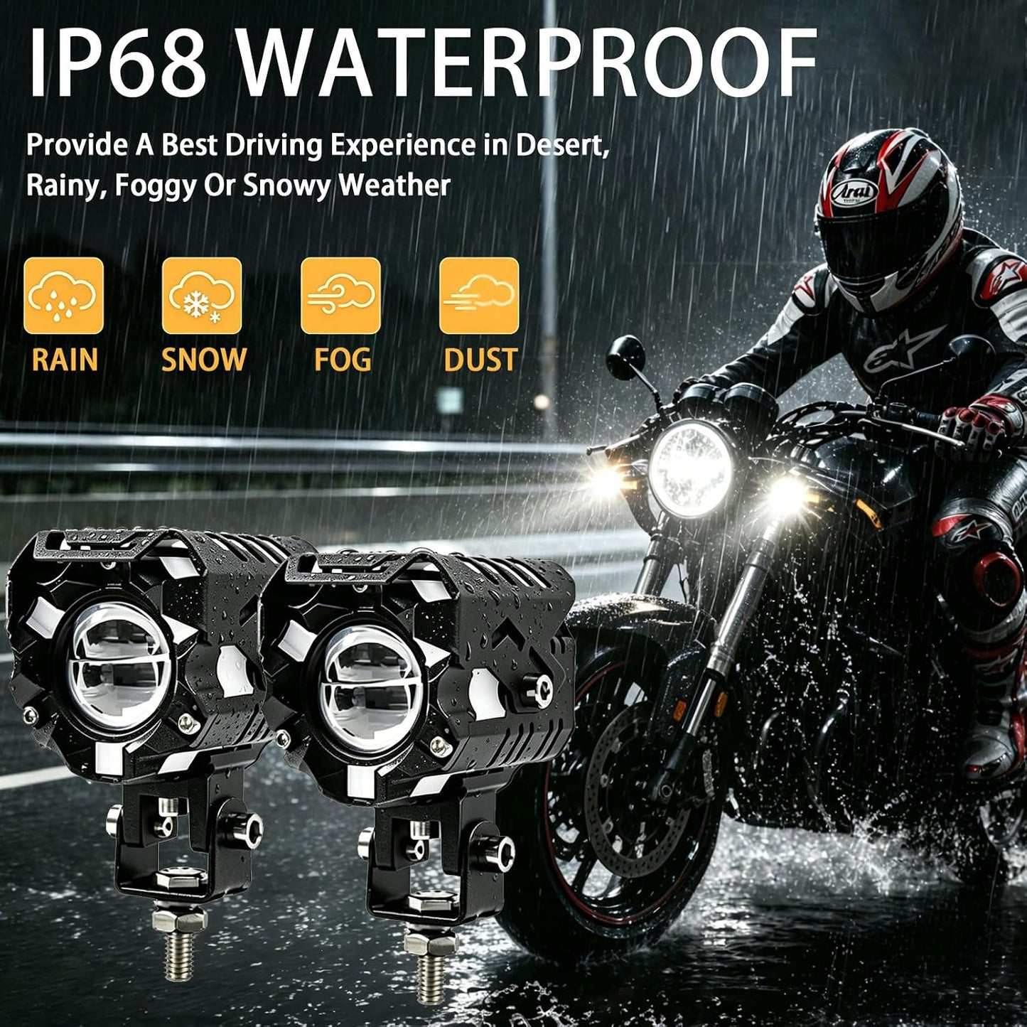 15000LM Motorcycle Driving Lights, Dual-Lens LED Fog Light Kit with Cooling Fan, Wireless & Inline Switch, External Driver, Quick-Release Connector, IP68, 5 Modes & Turn Signal (JRY13)