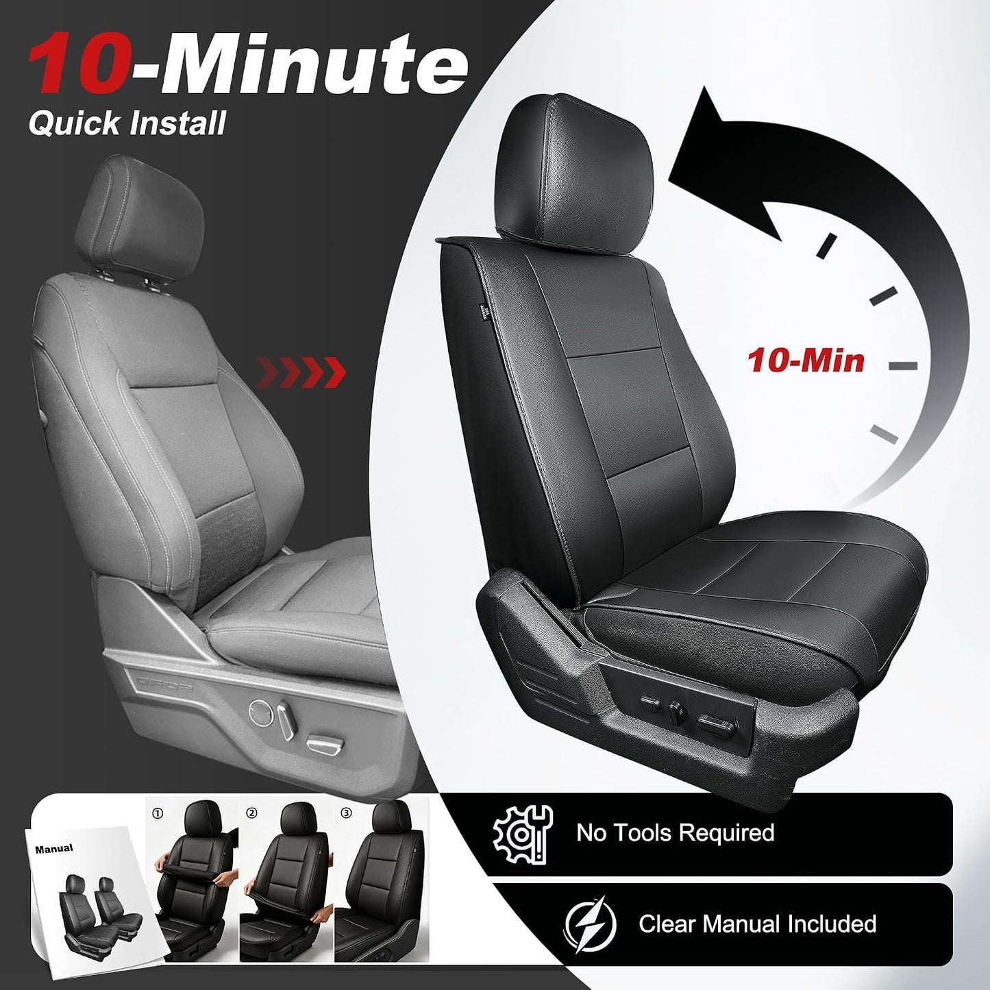 TTX LIGHTING Custom Fit Front Seat Cover for Ford F150 2009-2026 - F250/F350/F450 2017-2026 Waterproof Full Set Breathable Faux Leather Car Protector Cushion Accessories(Black-Vine)