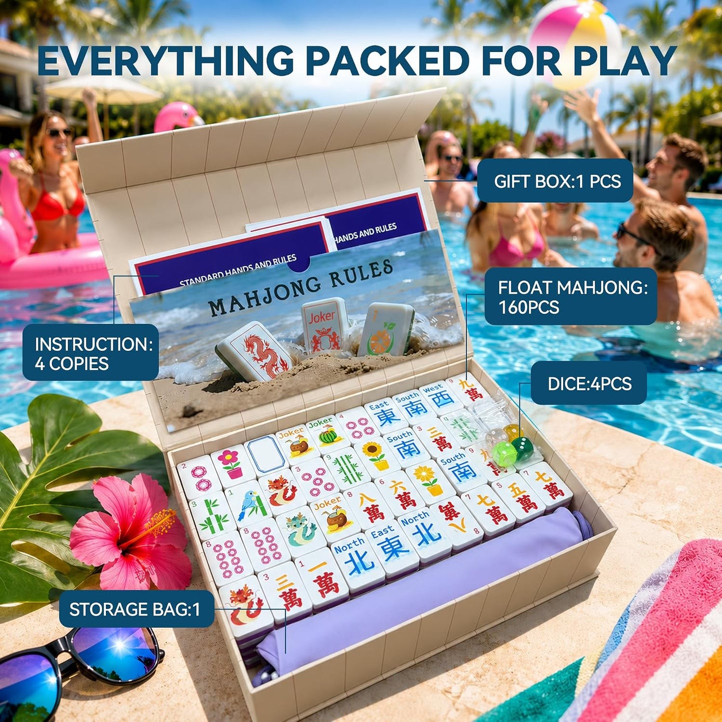 Portable Floating Mahjong Tiles Set, Waterproof Mahjong Set for Water Games, Beach,Indoors, Gift Box Includes Storage Bag & Dice, 1.4 In Floating Mahjong for Pool Parties and Family Gatherings Purple