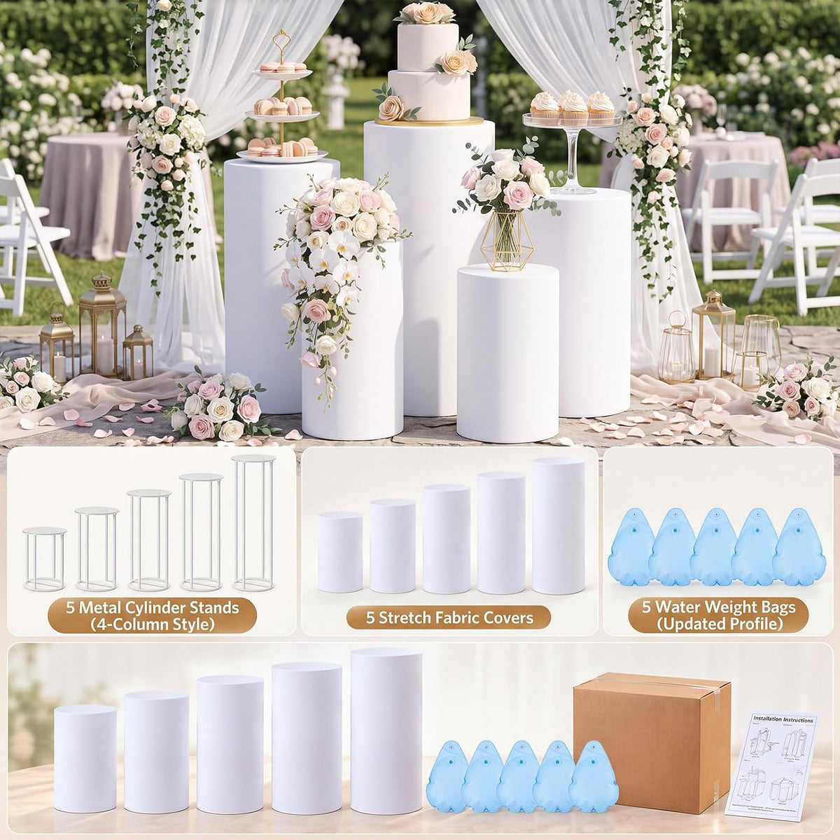 LEIFIDE 5 Set Cylinder Stands for Party with Water Weight Bags, 5 Sizes