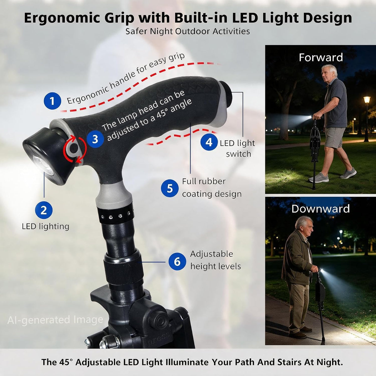 EziMedPil 2-in-1 Adjustable Cane Seat for Seniors with LED Light