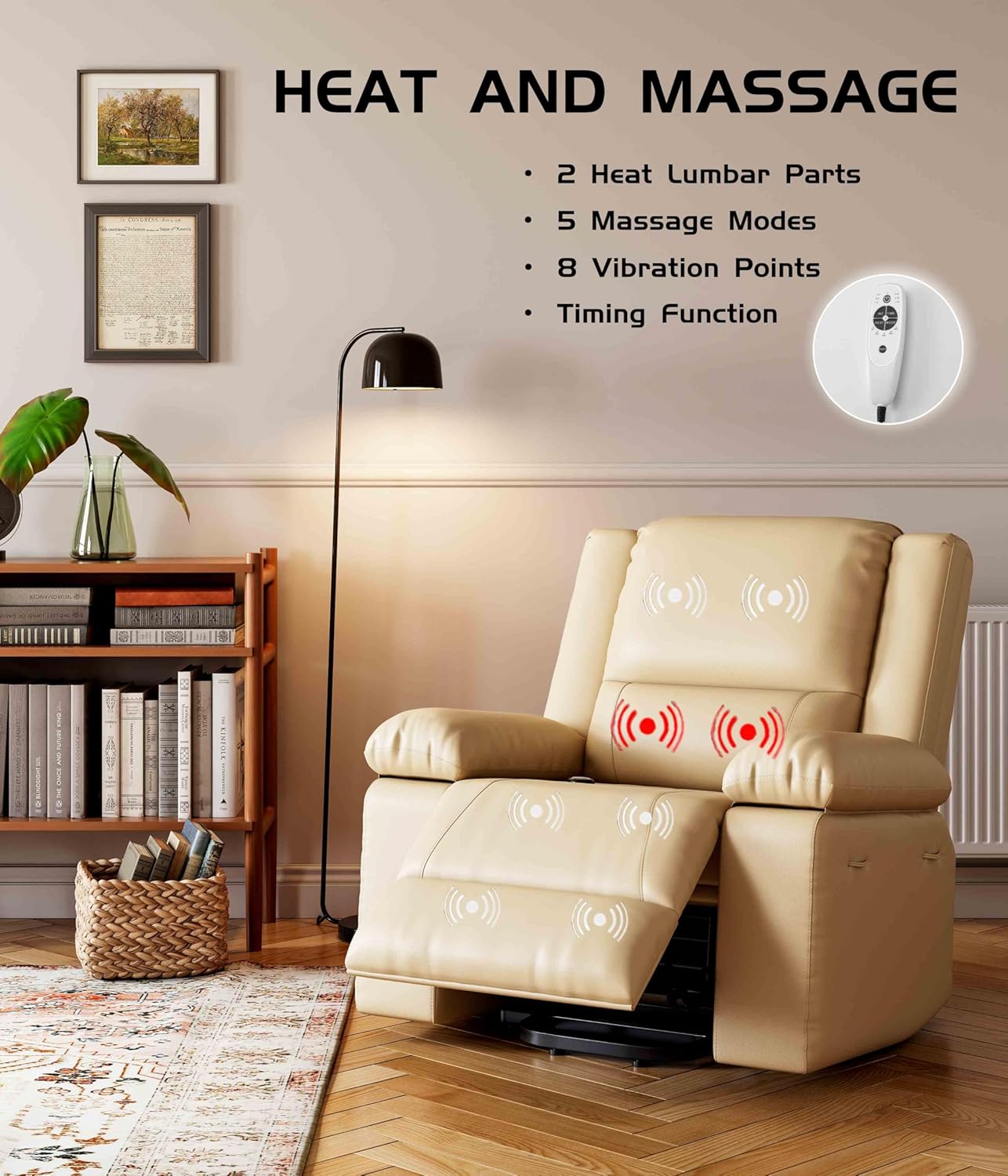 Power Lift Recliner Chair - Heat and Massage, Adjustable Back and Legs, PU Leather Electric Lift Chair