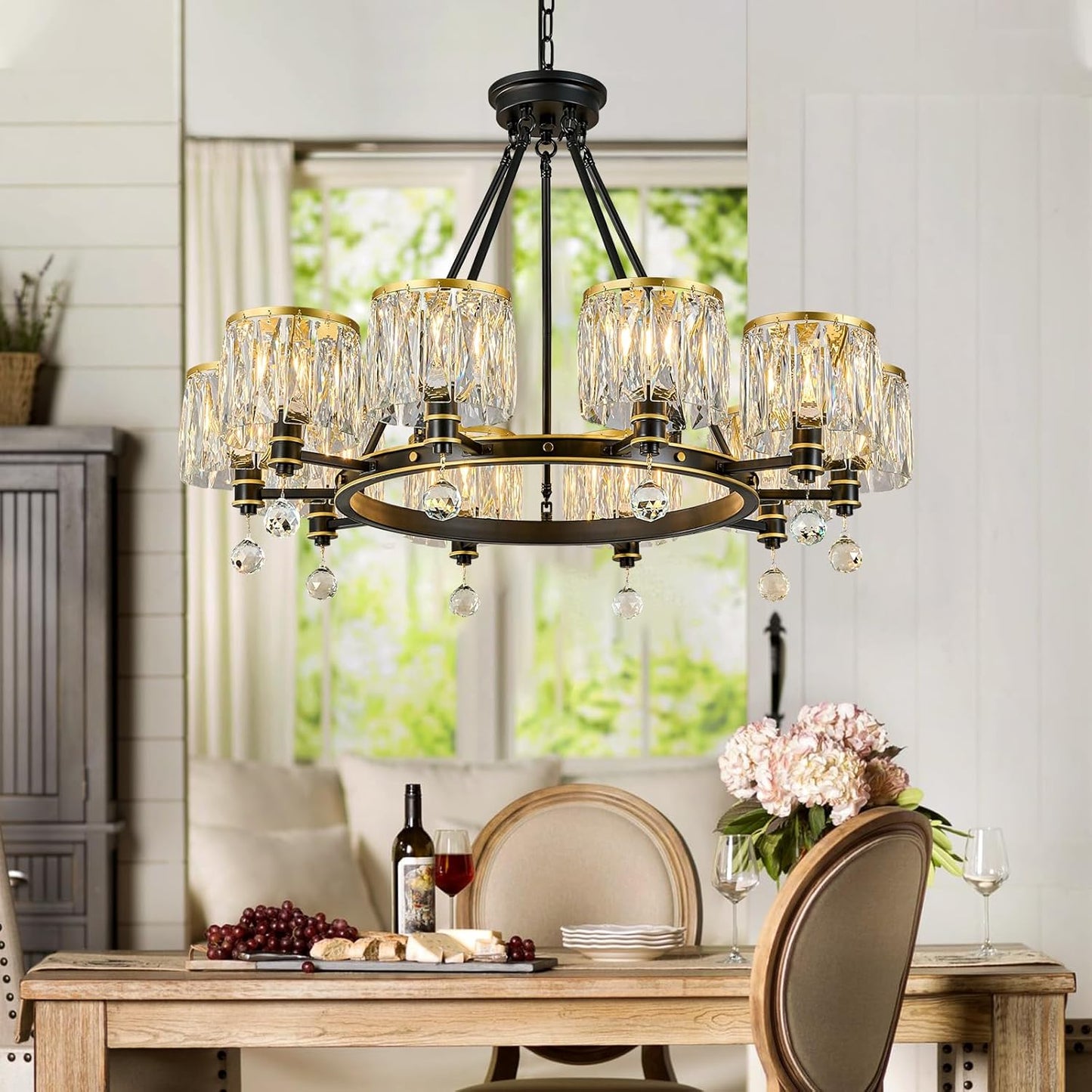 LBSQJ Dining Room Light Fixture Semi Flush Mount Ceiling Light Fixture Lndustrial Farmhouse Chandeliers Black Gold Crystal Chandelier Iron Pendant