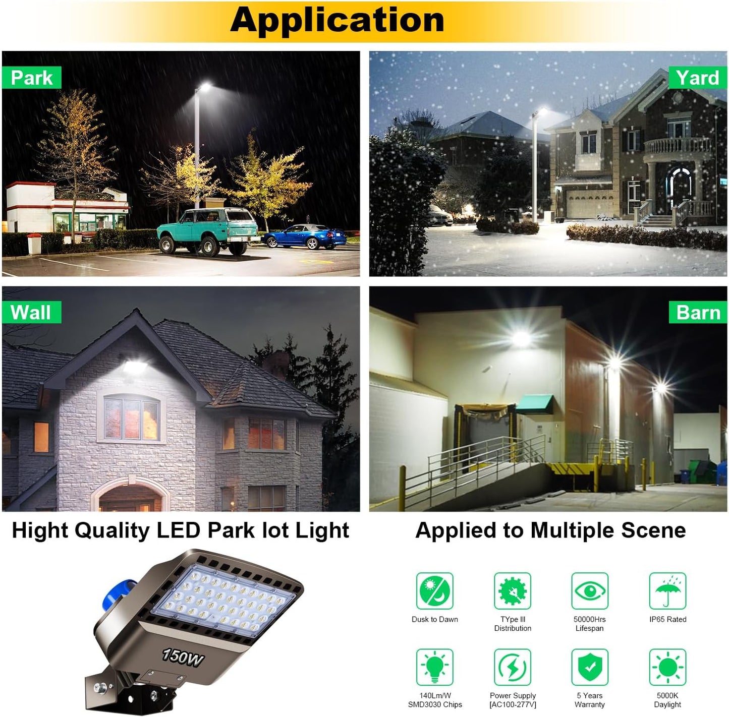 LED Parking lot Light Trunnion Dusk to Dawn 150W LED Flood Lights 21000lm Outdoor Wall Mount Security Commercial 85-277V IP65 Waterproof 5500K