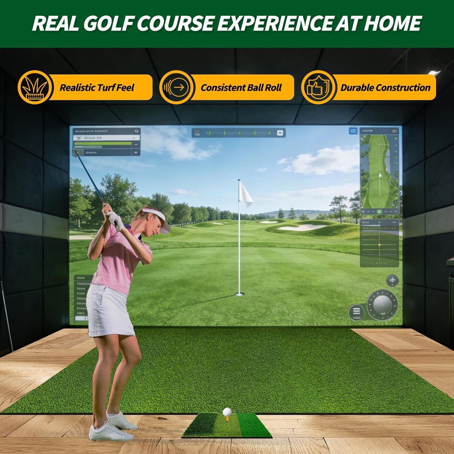 Golf Simulator Turf Mat, 15 mm 8/10/12ft Golf Mat for Indoor Home Setups, Golf Putting Mats Practice Outdoor Training Golf Hitting Mat for Putting Practice Football Sports Gym Backyard 8FTx4.8FT