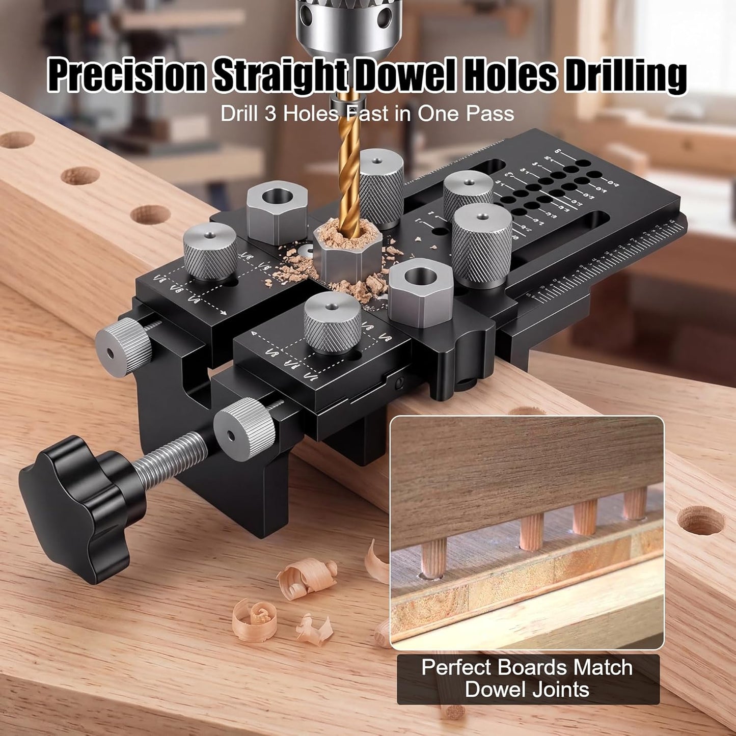 Dowel Jig Kit with Quick Positive Stop and Clamp, Precision Adjustable Doweling Jig for Drill 1/4, 3/8 and 1/2 Inch Accurate Straight Dowel Holes, fit Any Thickness Wood Joints, for Furniture, Cabinet Black